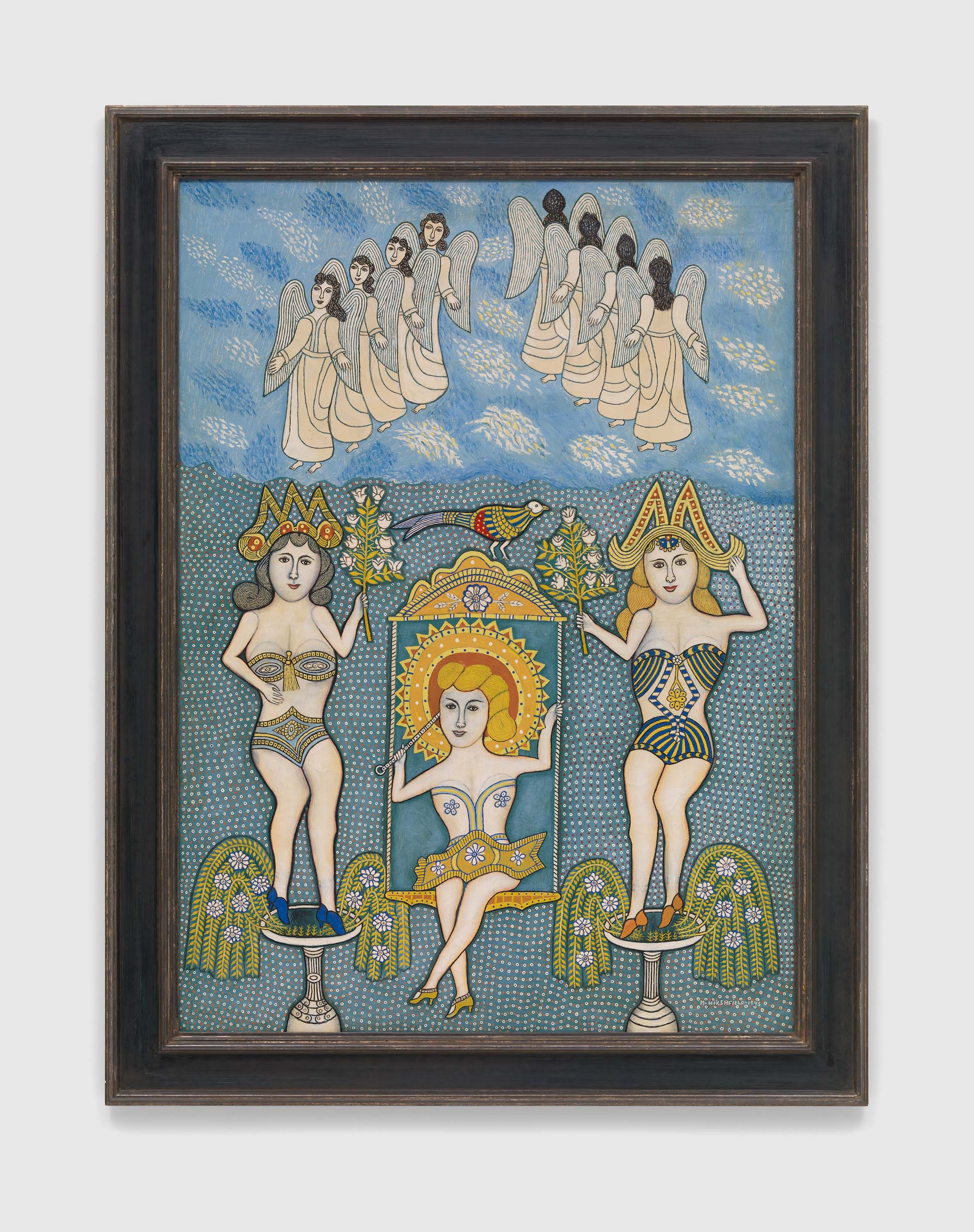 A painting by Morris Hirshfield, titled Stage Girls with Angels, dated 1945.
