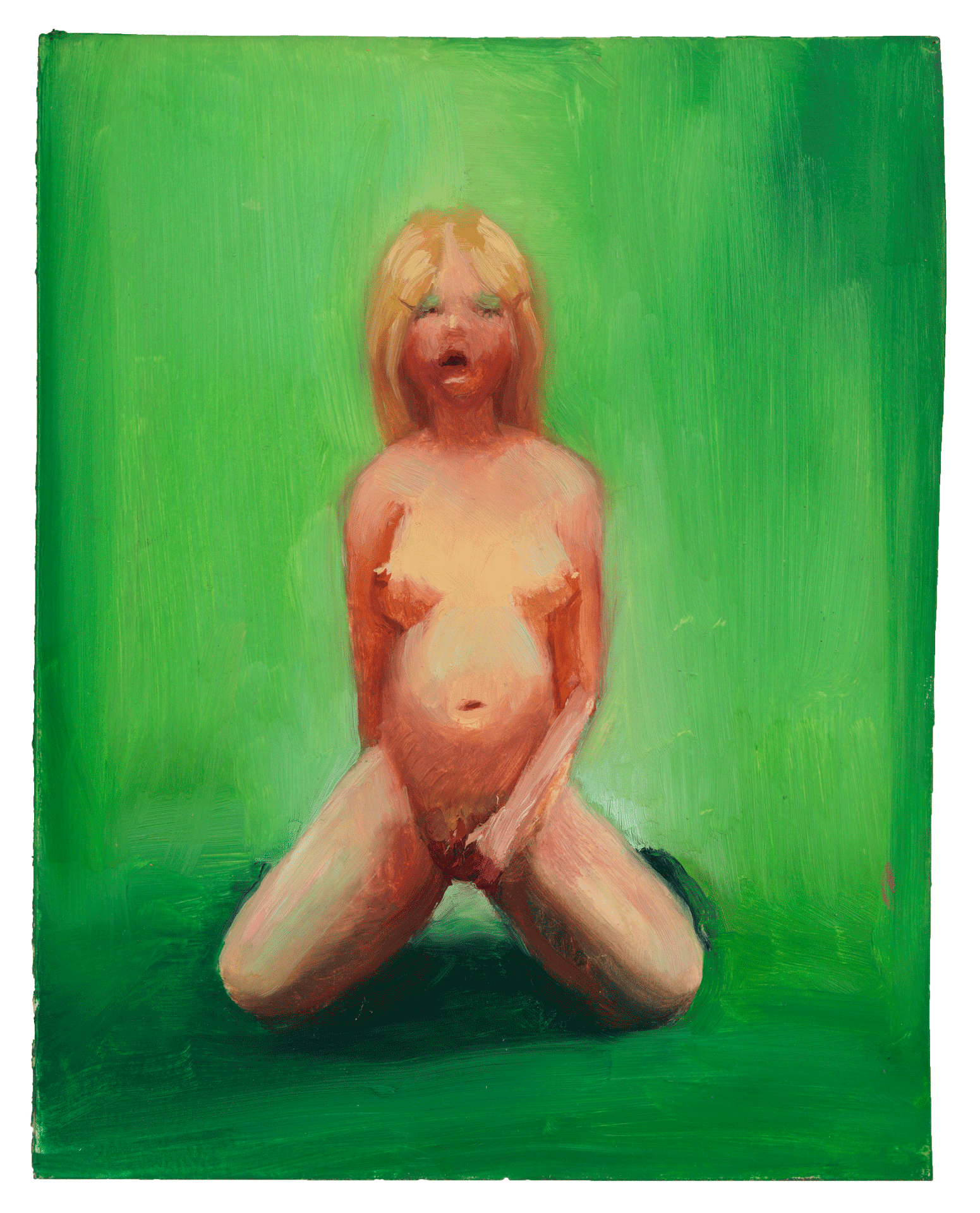 A painting by Lisa Yuskavage, titled Study for Blonde Jerking Off, dated 1995.