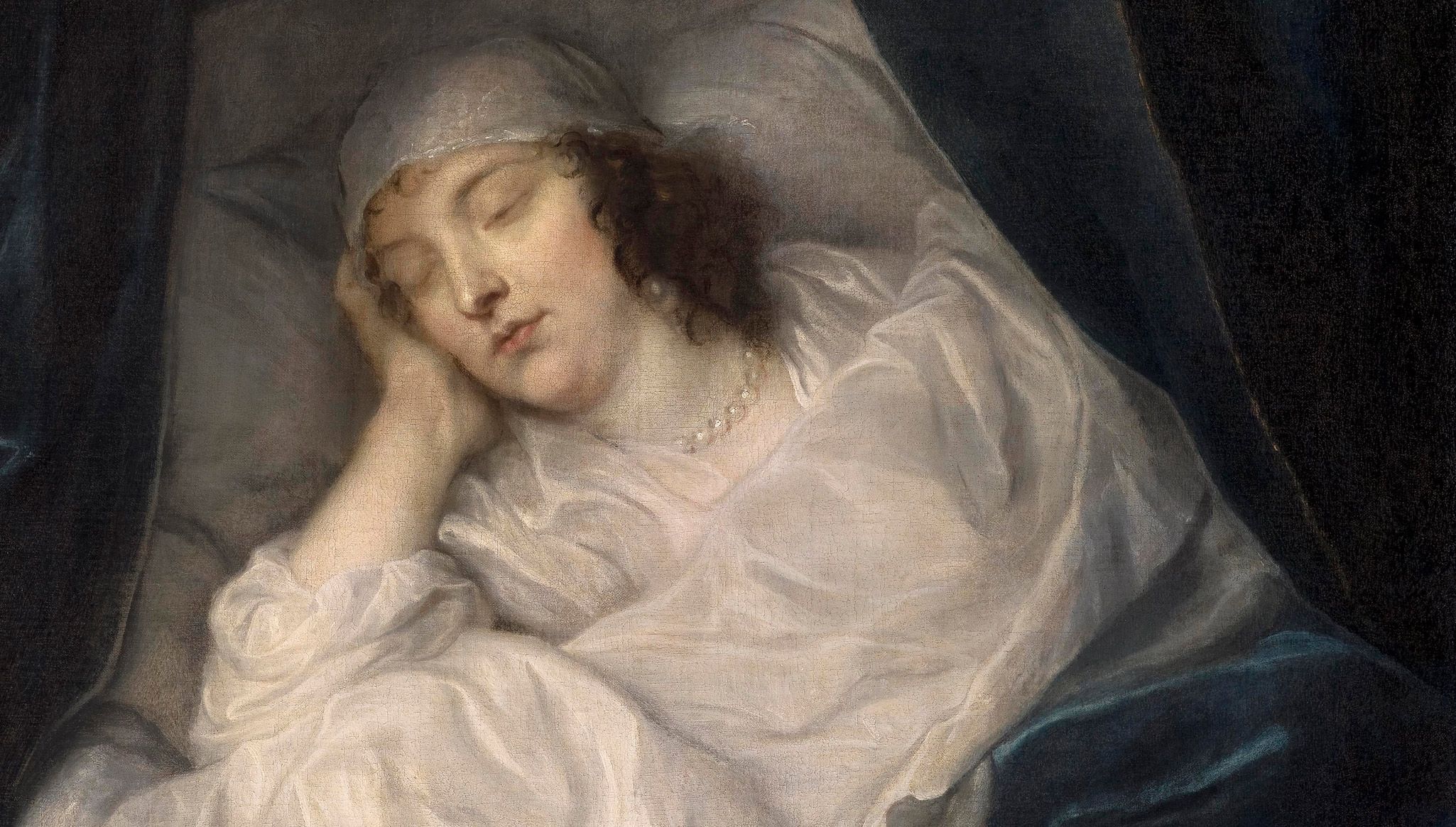 An artwork by Anthony van Dyck, Venetia, Lady Digby, on her Deathbed, dated 1633. Collection of Dulwich Picture Gallery, London