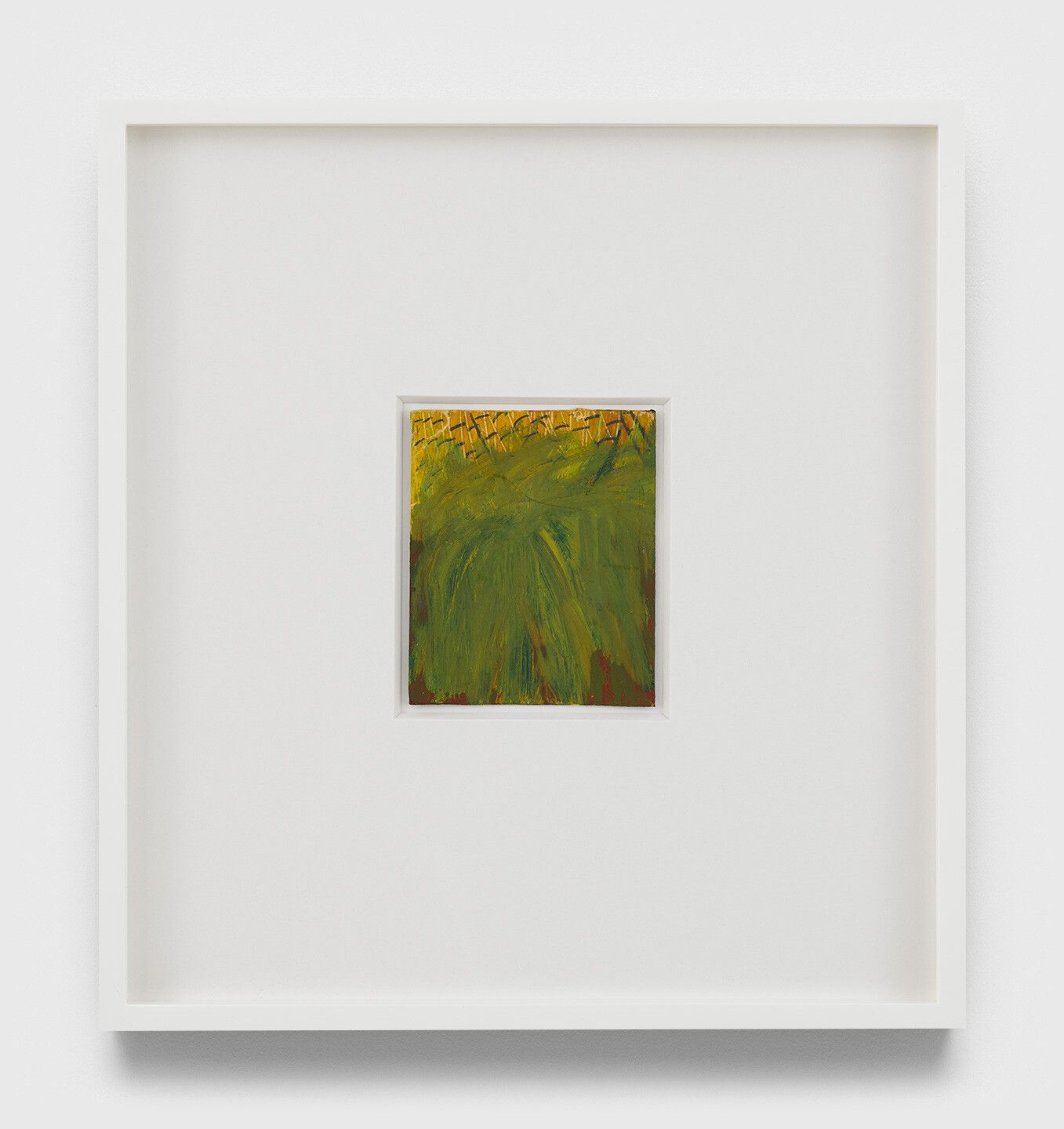 An undated oil painting on Polaroid film cartridge box by Frank Walter, titled Untitled (Green coconut, yellow background).