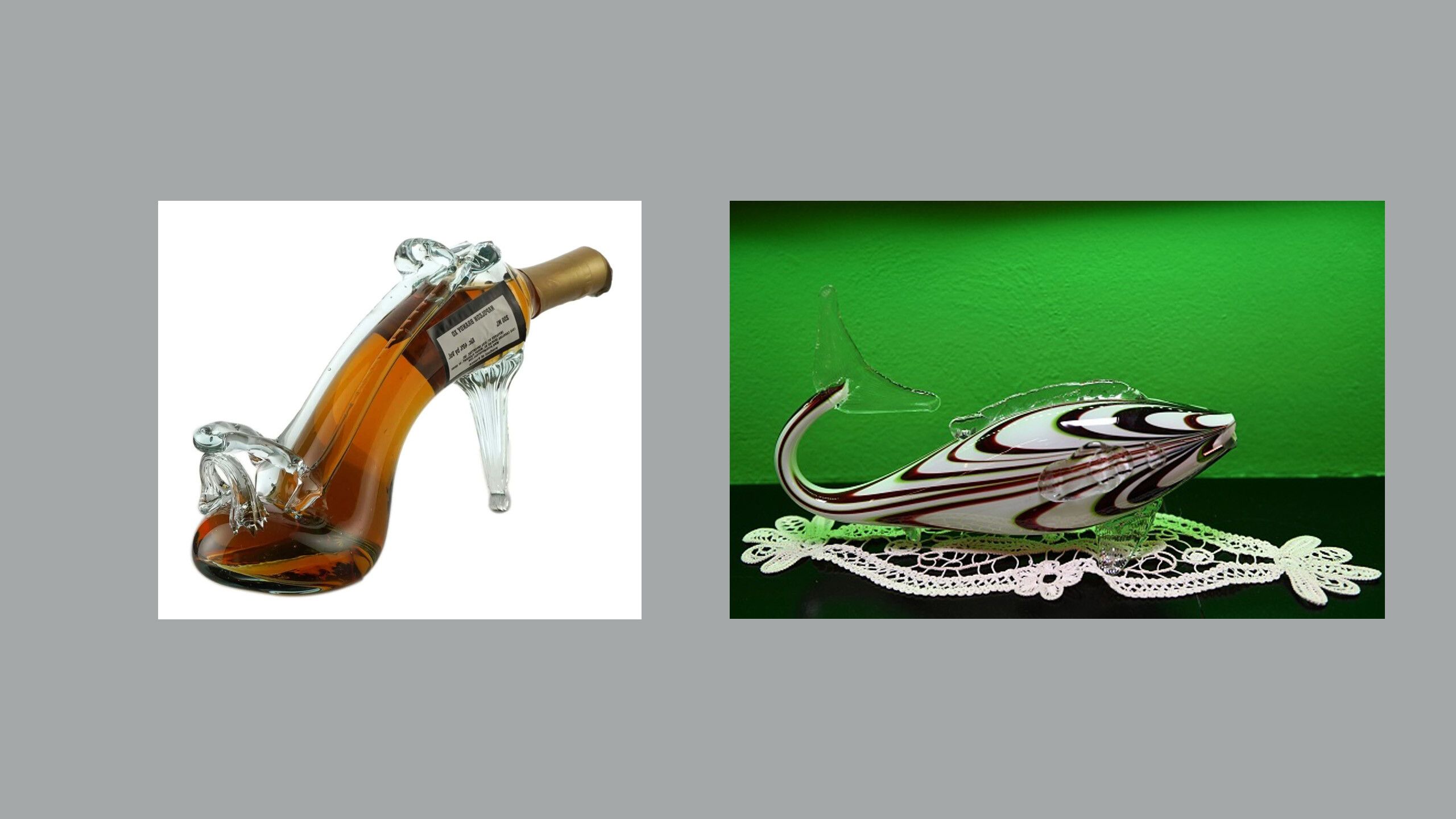 Left: Novelty Whiskey bottle; Right: Glass Fish, Kitsch Museum, Bucharest. Credit: Daniel Mihailescu