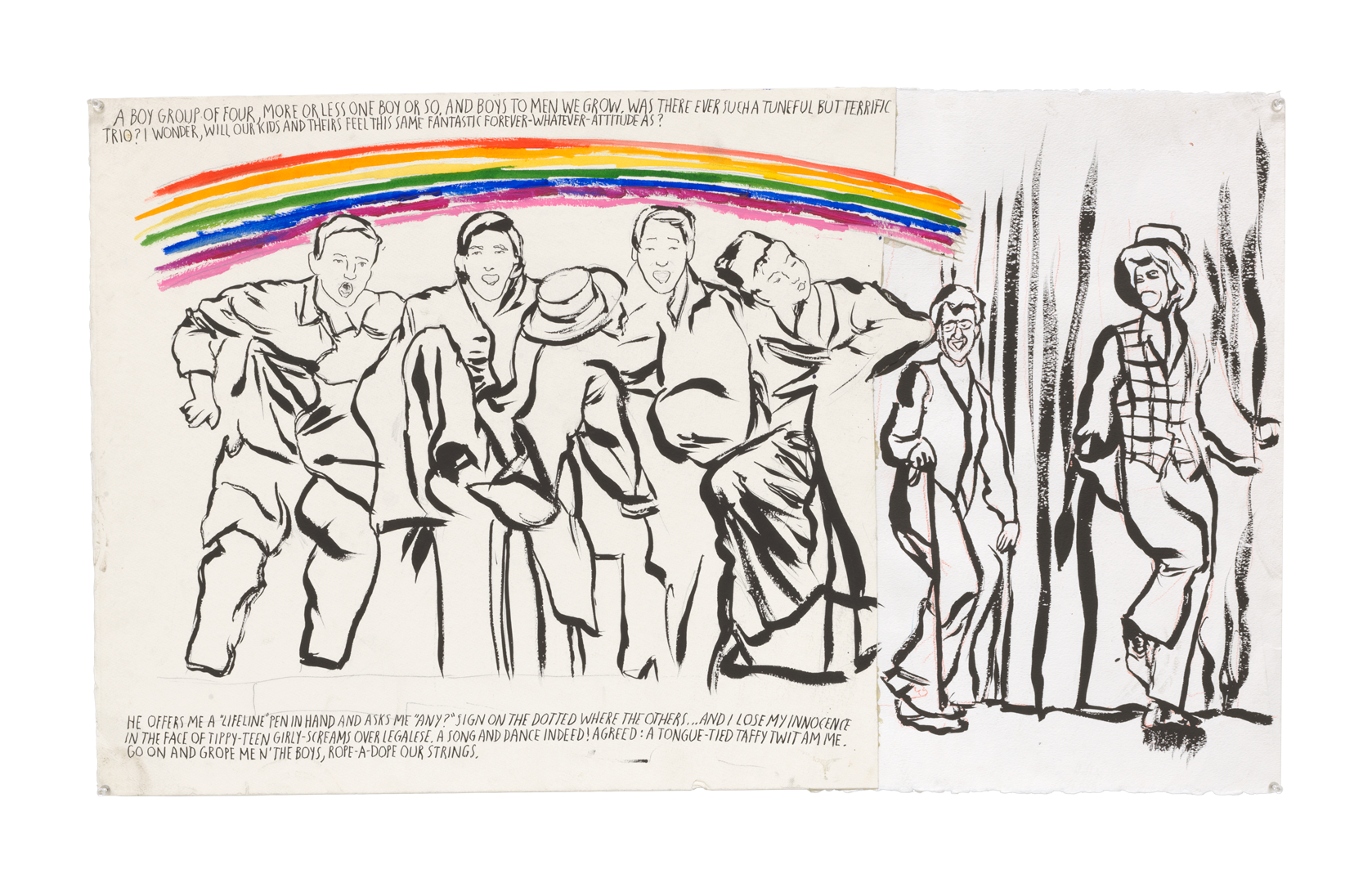 A drawing by Raymond Pettibon, titled No Title (A boy group...), dated 2019.