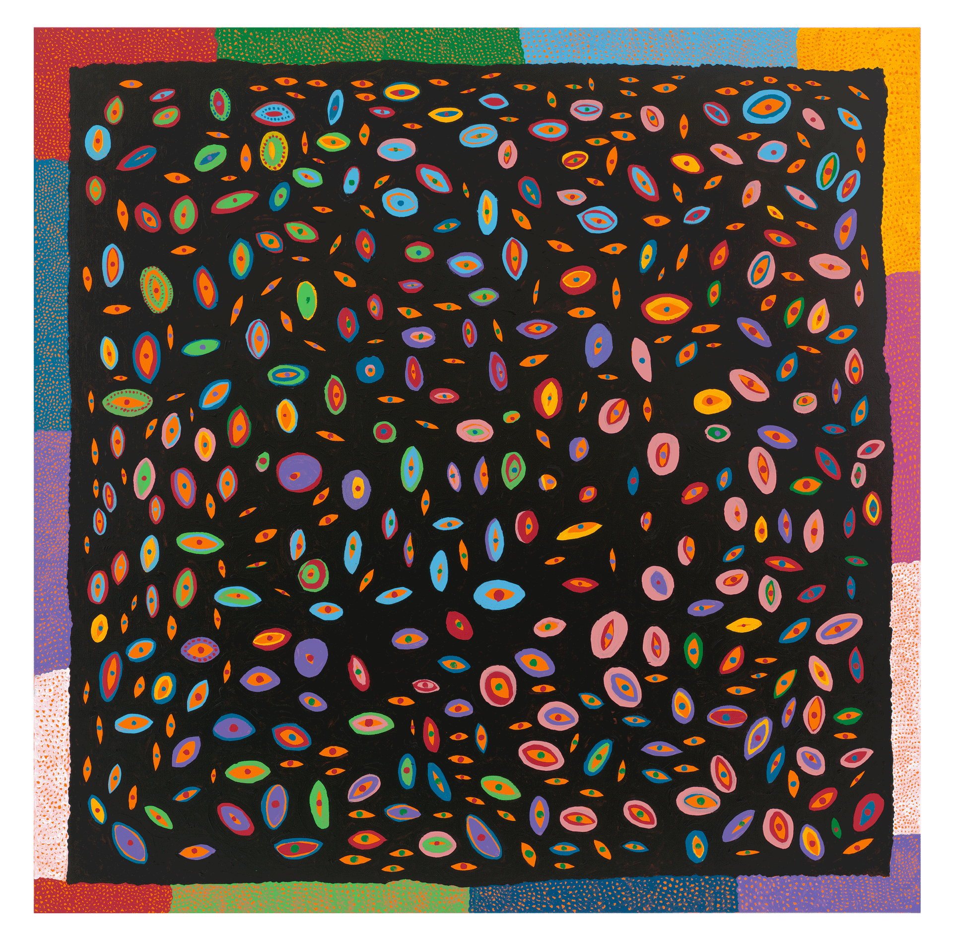 A painting by Yayoi Kusama, titled FEAR OF YOUTH OVERWHELMED BY THE SPRINGTIME OF LIFE, dated 2014.