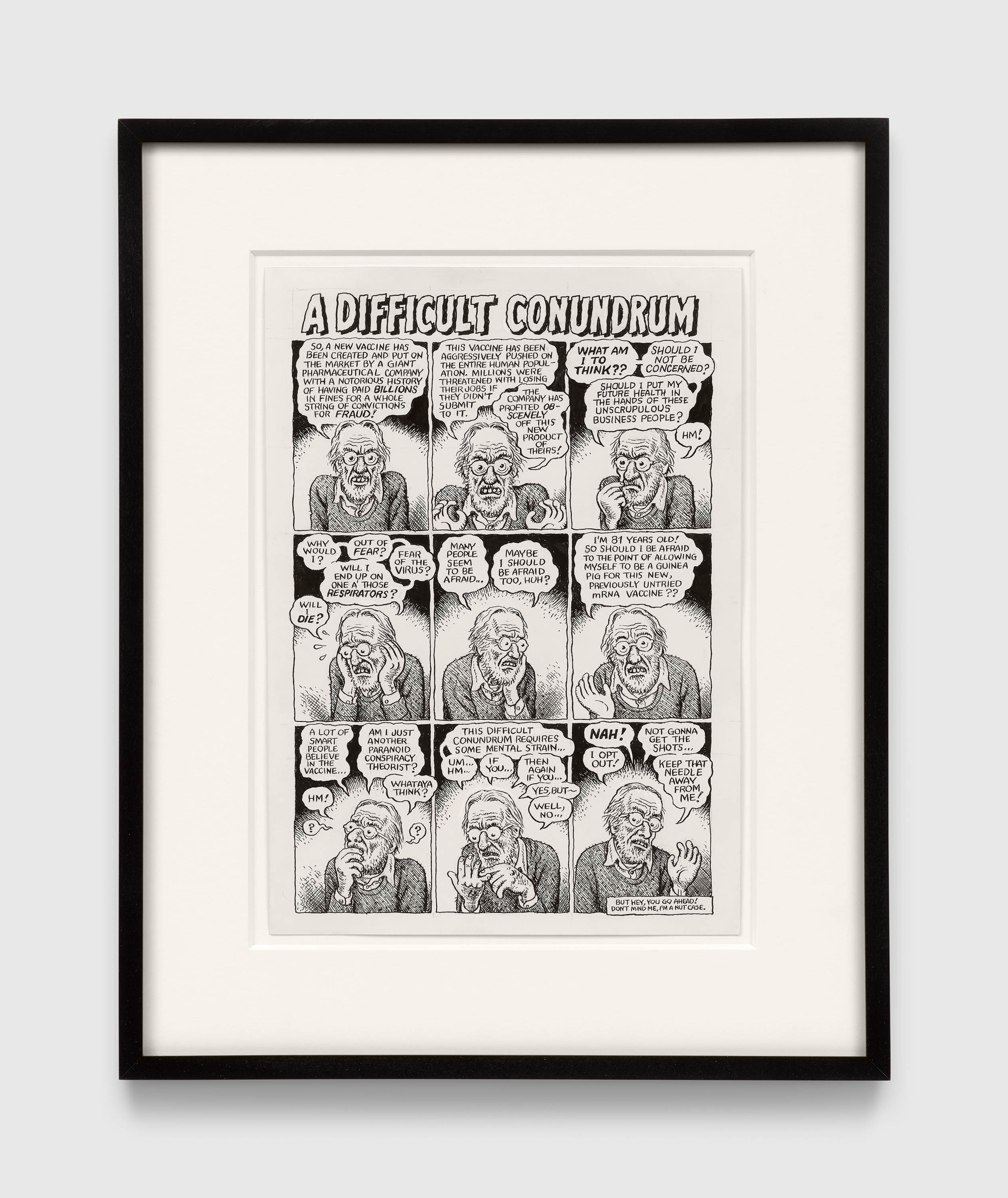 A work on paper by R. Crumb, titled A Difficult Conundrum, dated 2025.