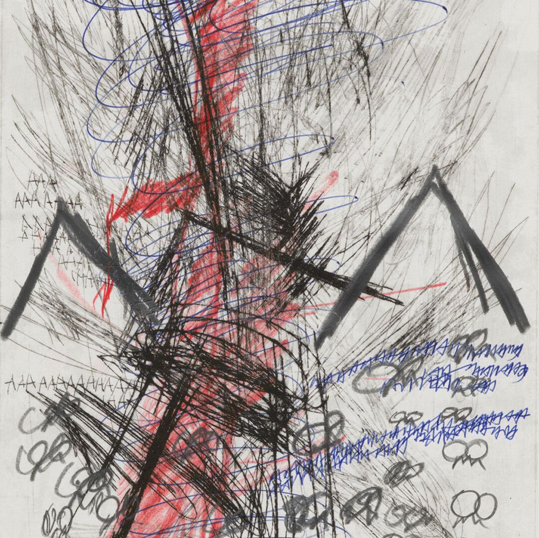A work on paper by Oscar Murillo, titled (untitled) poetics of flight, dated 2019