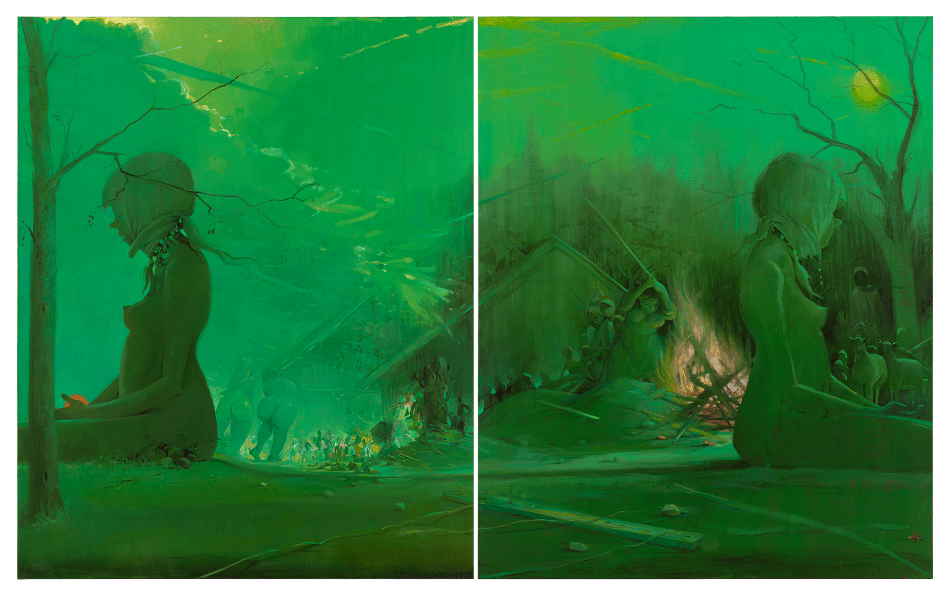 A painting by Lisa Yuskavage titled Bonfire, dated 2013 to 2015.