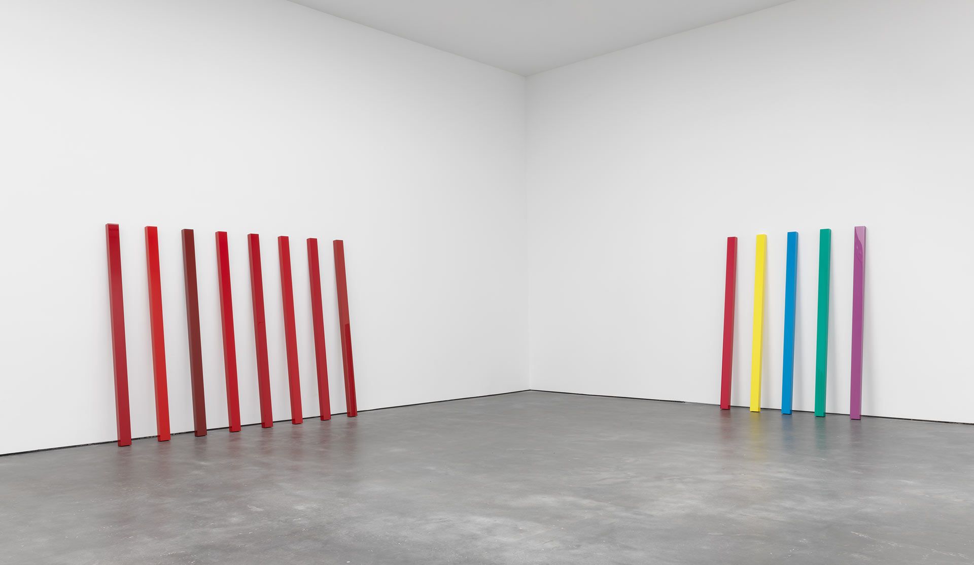 Installation view of the exhibition, John McCracken, at David Zwirner in New York, dated 2017.
