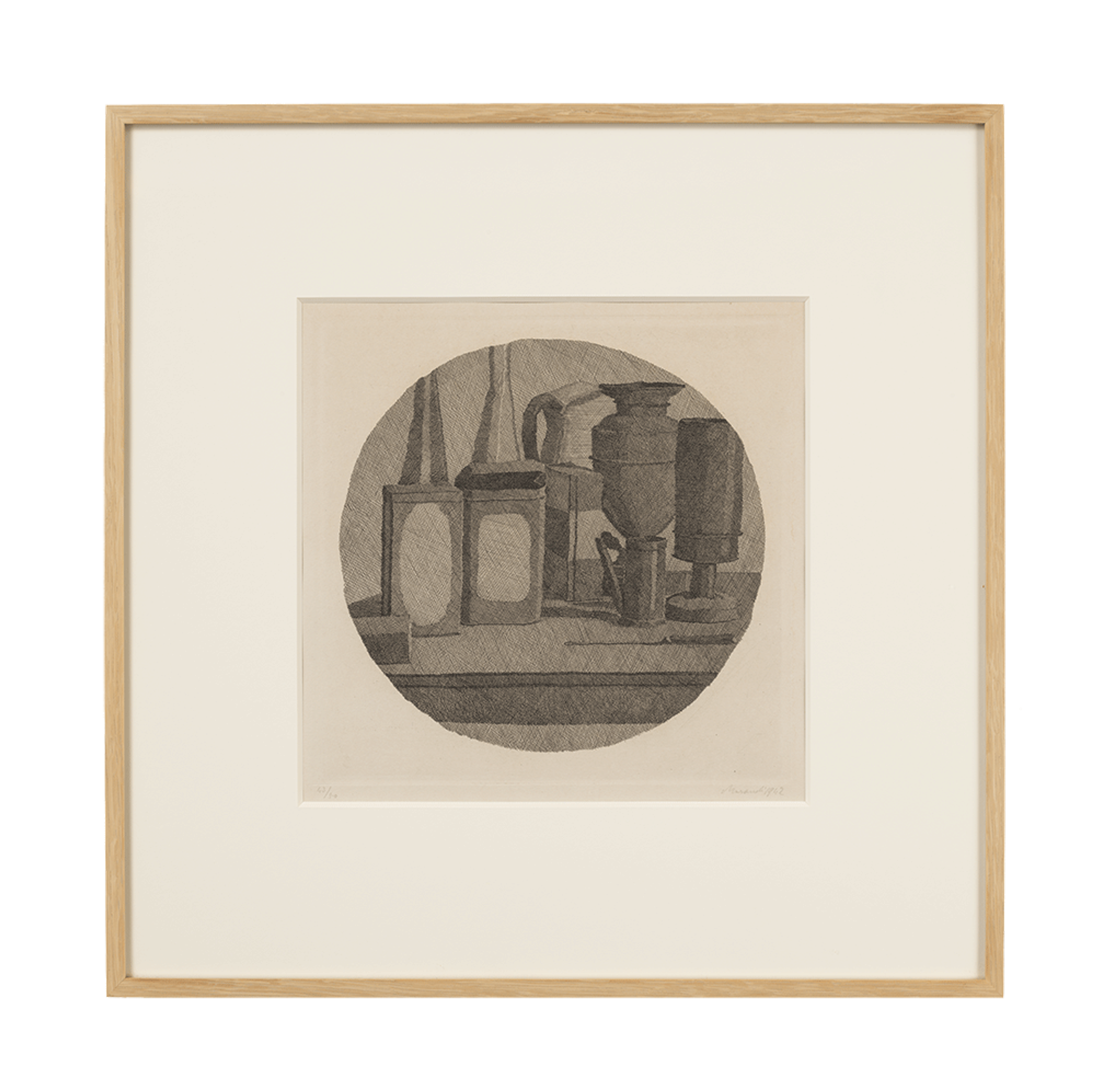 An etching on copper by Giorgio Morandi, titled Grande natura morta con undici oggetti in un tondo, translated as Large Still Life with Eleven Objects in a Tondo, dated 1942.