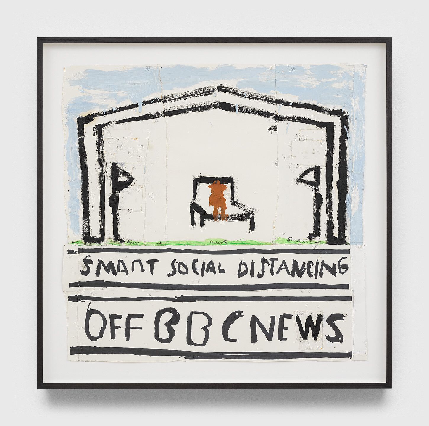 A collage on paper by Rose Wylie, titled Smart Social Distancing (Birthday Pic), dated 2020.