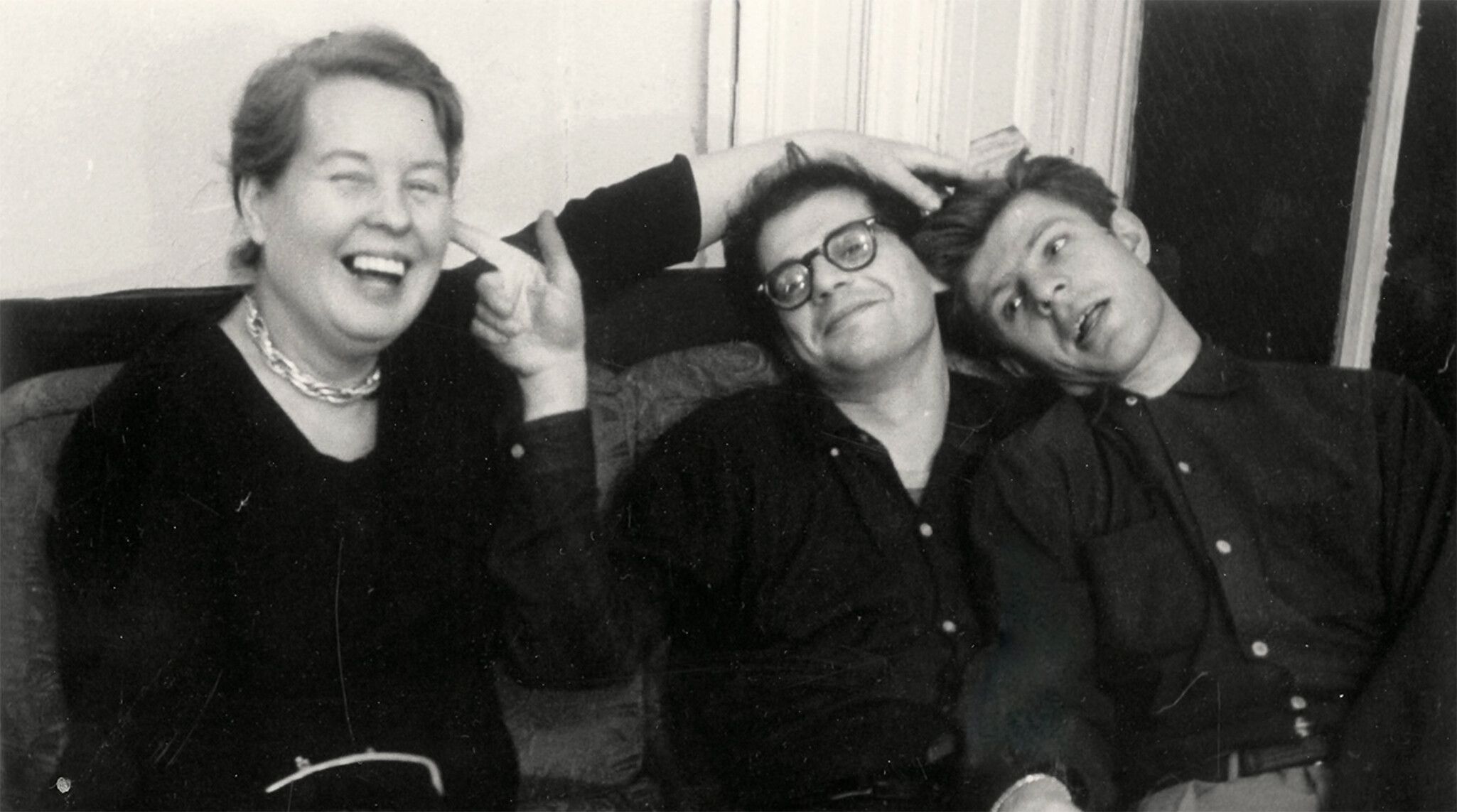 Alice Neel with Allen Ginsberg and Gregory Corso on the set of Pull My Daisy, a 1959 American short film directed by Robert Frank and Alfred Leslie, and adapted by Jack Kerouac from the third act of his play, Beat Generation. Photo courtesy Deborah Bell, New York