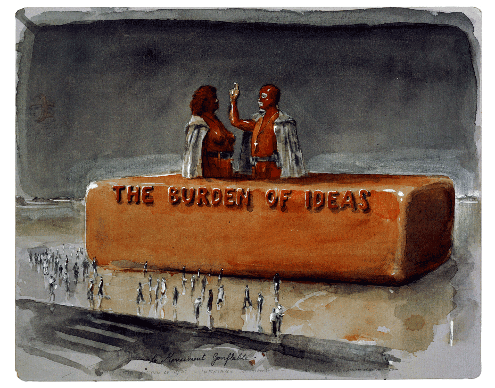 A watercolor by Michael Borremans, titled The Burden Of Ideas, dated 2000.