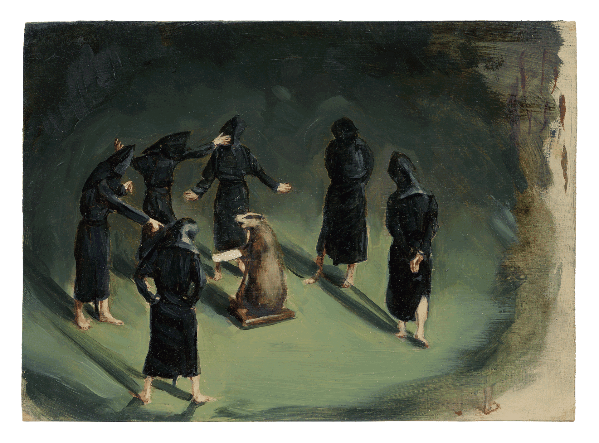 A painting by Michael Borremans, titled Black Mould / The Badger's Song, dated 2015.