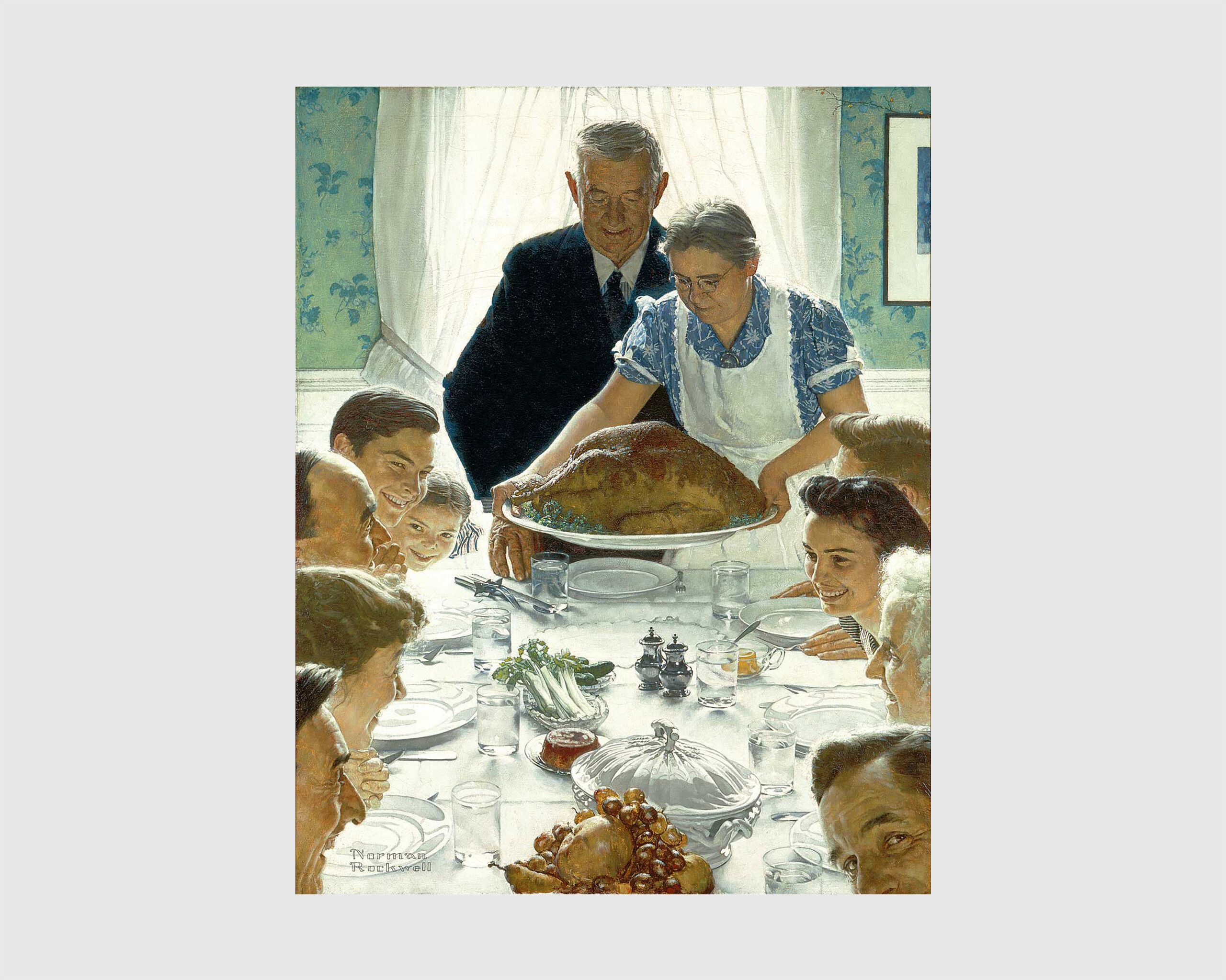 This image depicts a traditional Thanksgiving turkey dinner scene, it is the original painting made by Norman Rockwell titled Freedom from Want, dated 1943