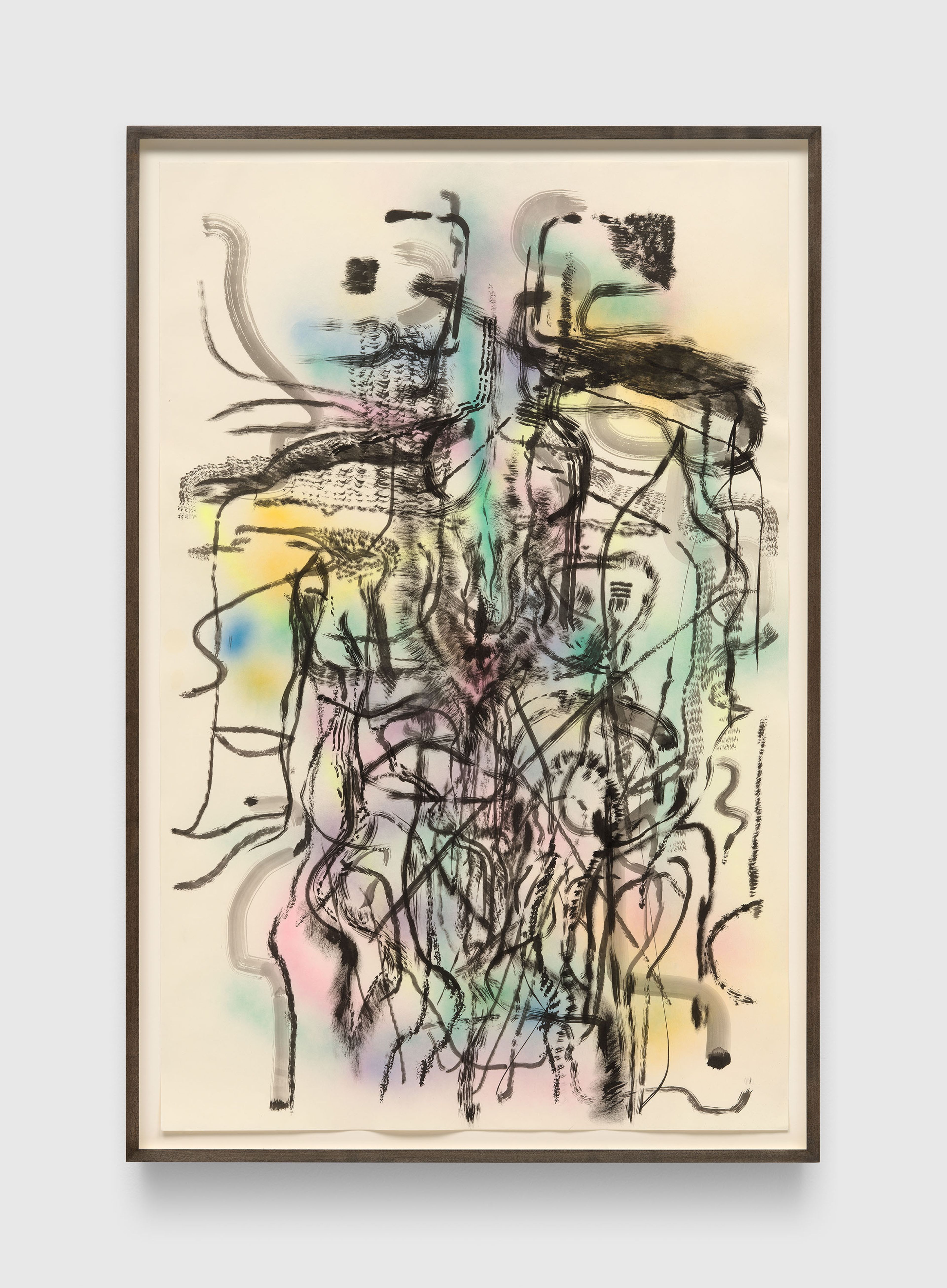 A painting by Julie Mehretu, titled Mind-Wind Totem Drawings #1, dated 2025.