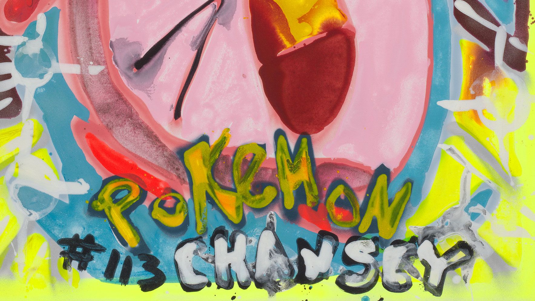 Detail of a Katherine Bernhardt painting titled "Chancey," dated 2021