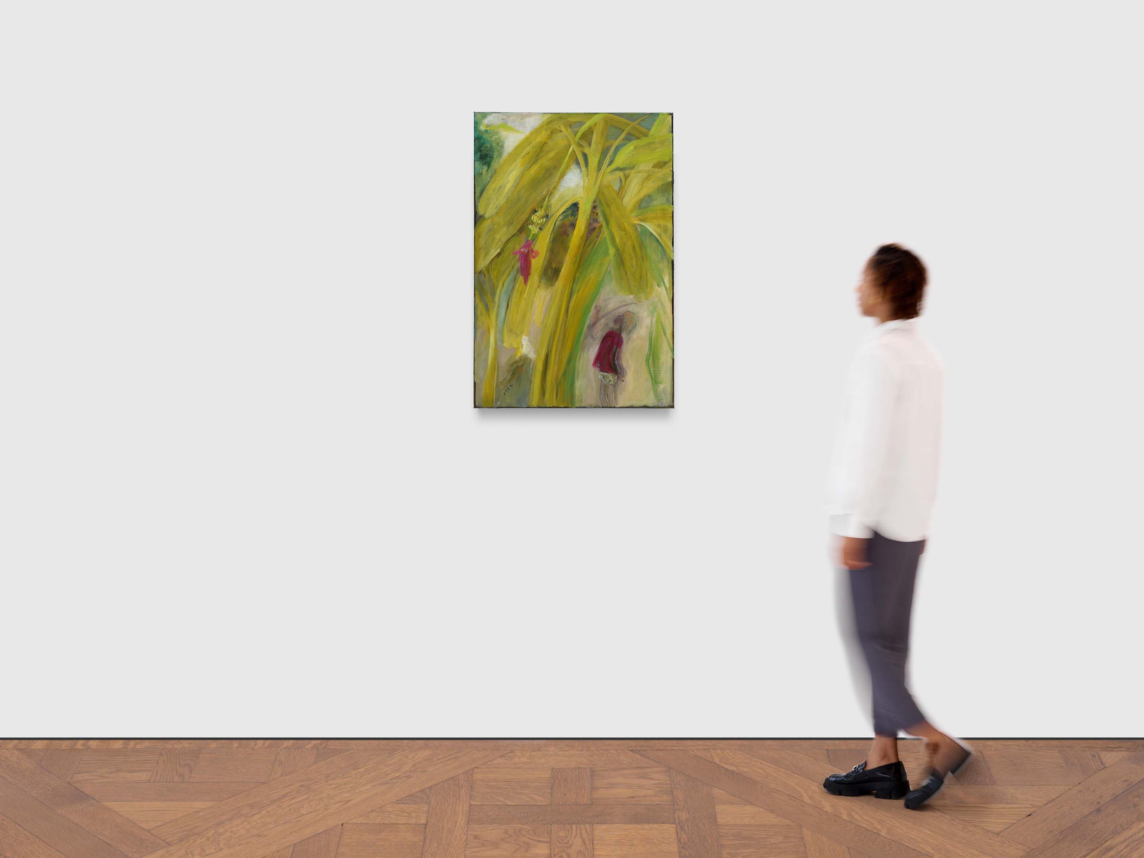 A painting by Sosa Joseph, titled Banana blossoms came in her favourite colour, dated 2025.