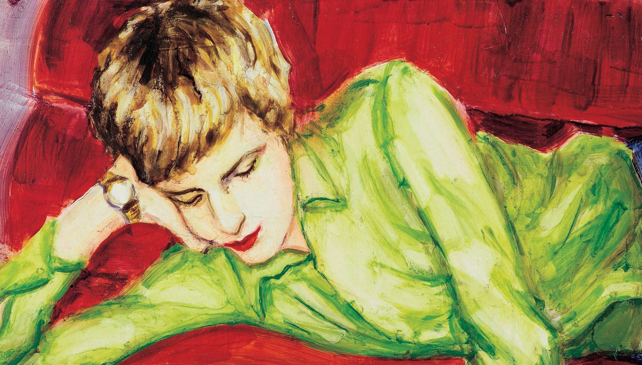 Detail of a work by Elizabeth Peyton titled "Piotor on the Couch"