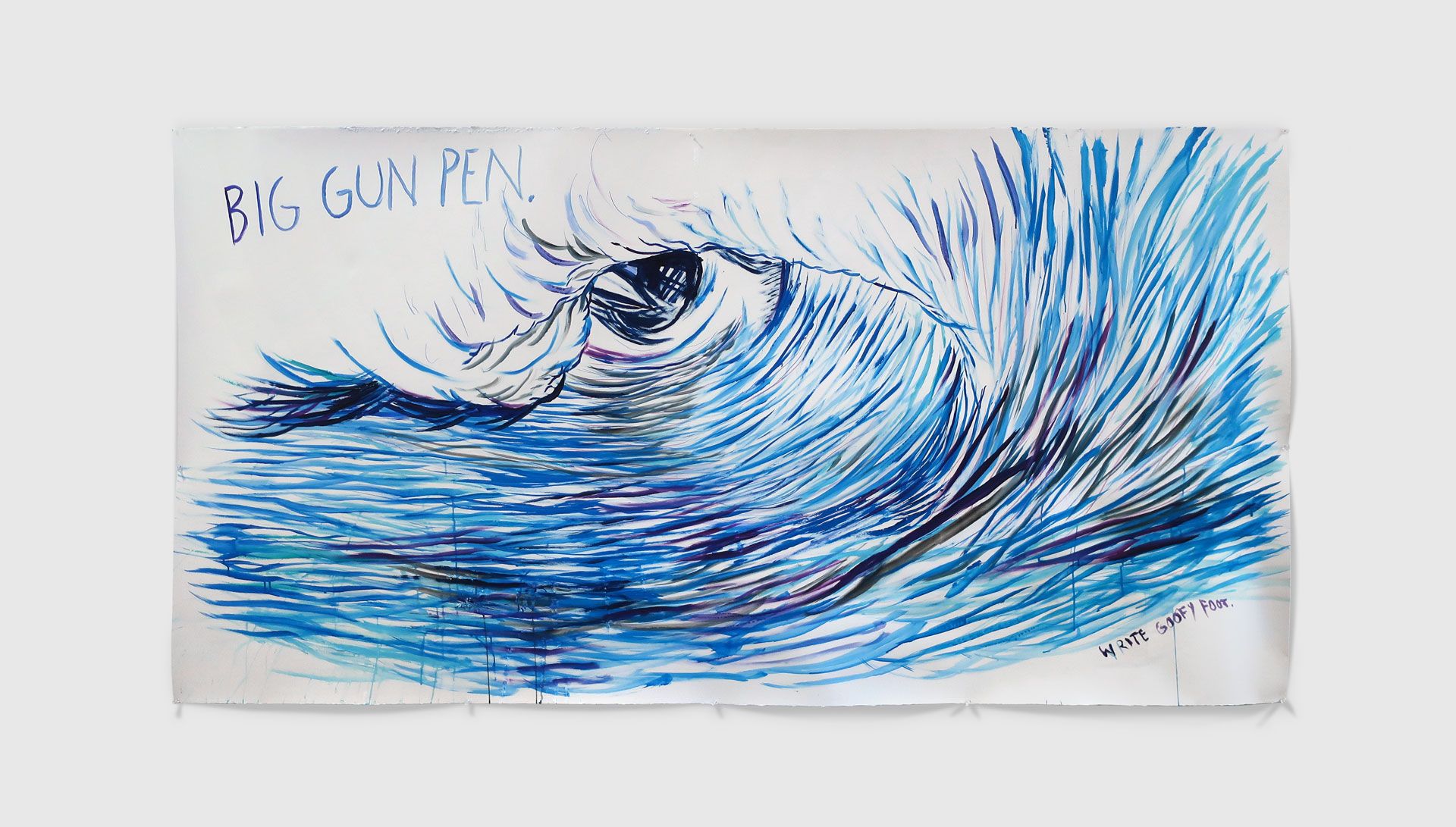 A painting by Raymond Pettibon titled No Title (Big gun pen.), dated 2020.