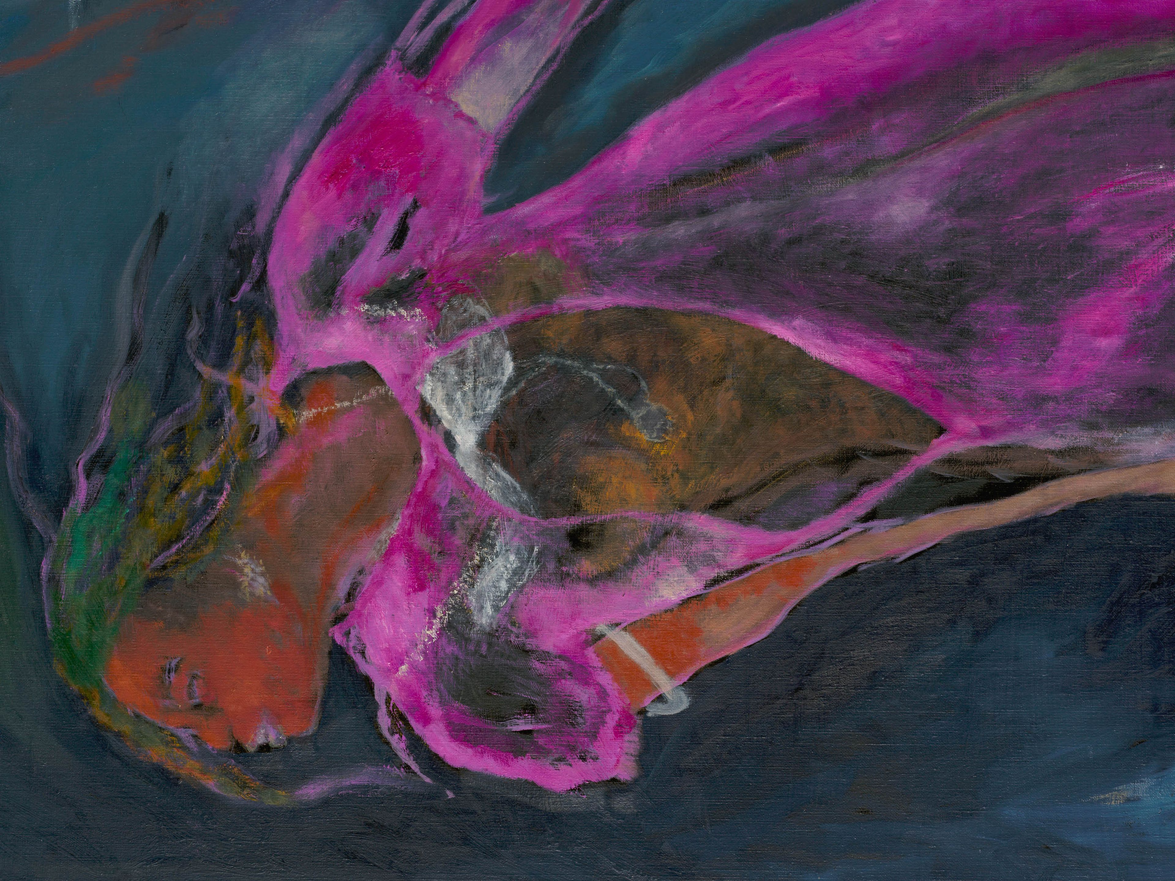 A detail from a painting by Sosa Joseph, titled Rain over the river, dated 2025.