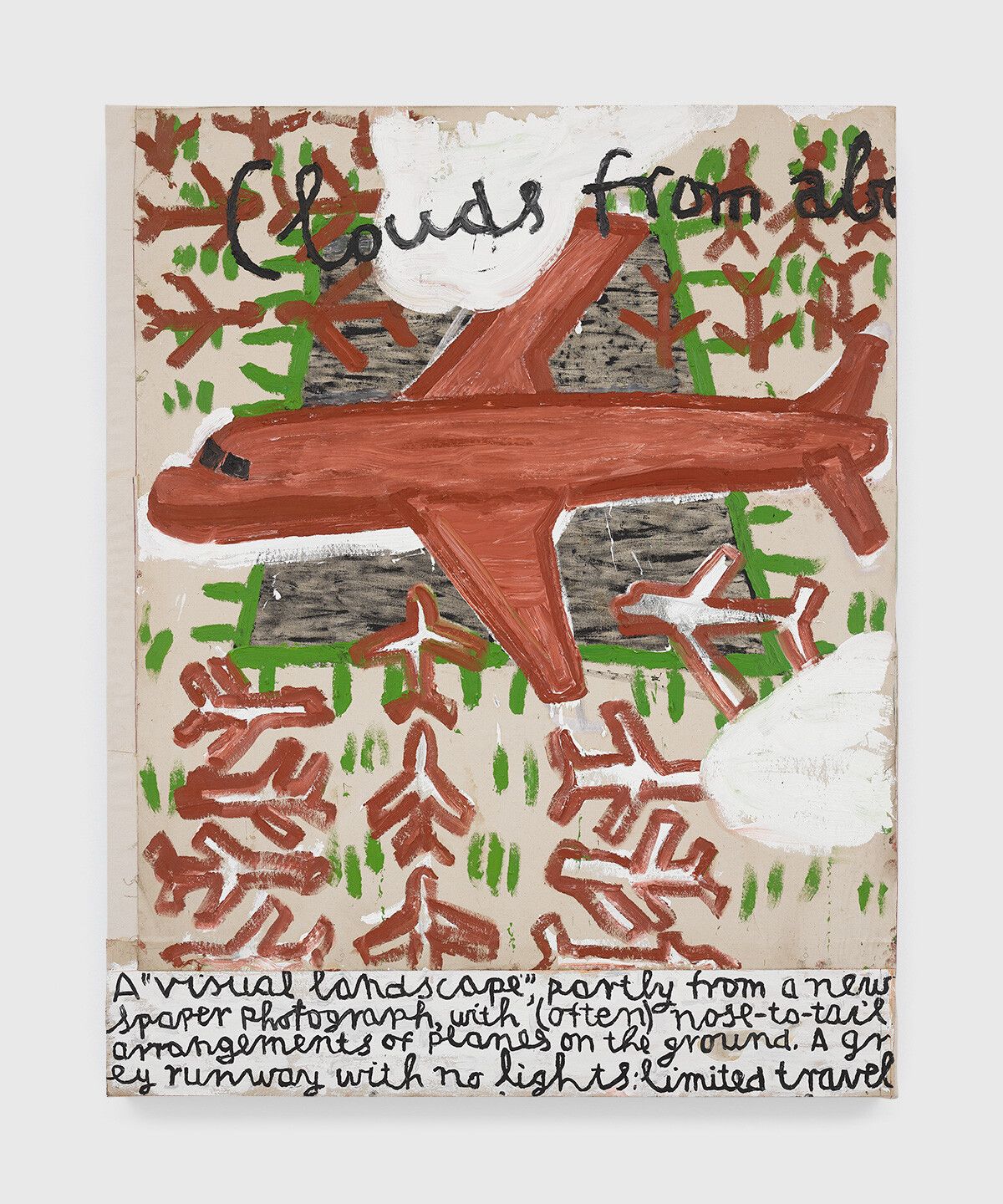 An oil painting on canvas by Rose Wylie, titled Red Plane and Runway, homage to Retablos painting, dated 2020.