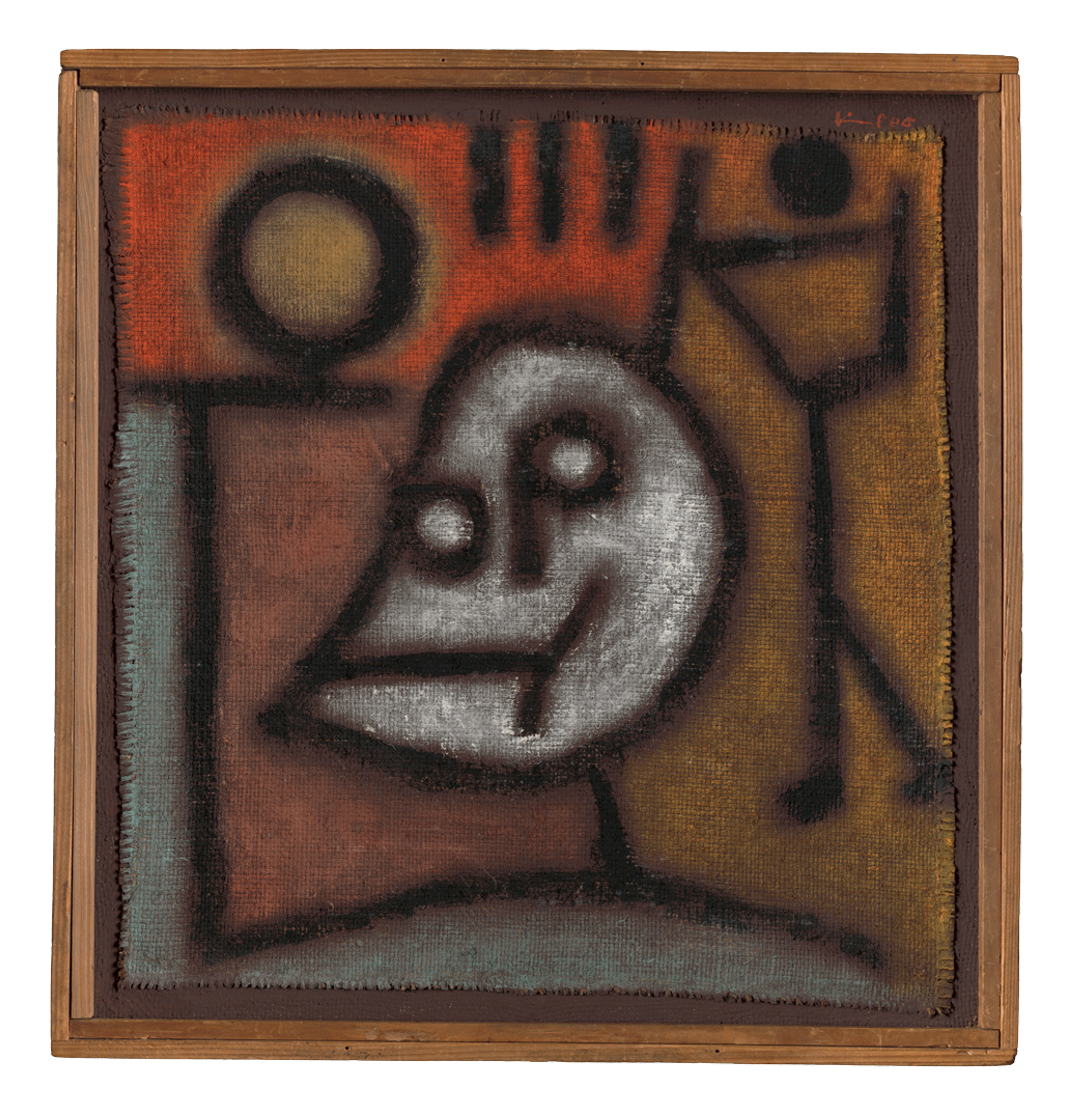 A mixed media work on burlap by Paul Klee, titled Tod und Feuer,1940, 332 Death and Fire, 1940, 332, dated 1940.