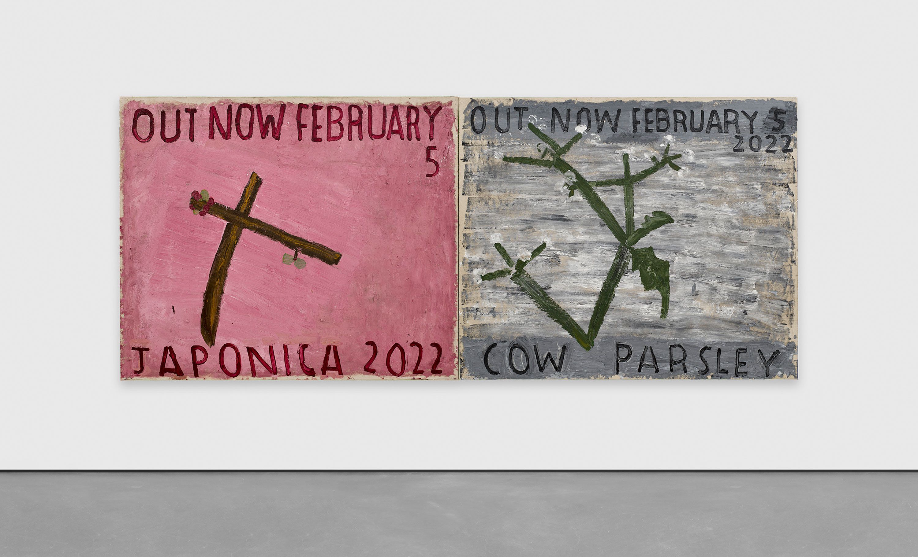 A painting by Rose Wylie, titled OUT NOW, COW PARSLEY AND JAPONICA, Feb 5, 2022, dated 2022.