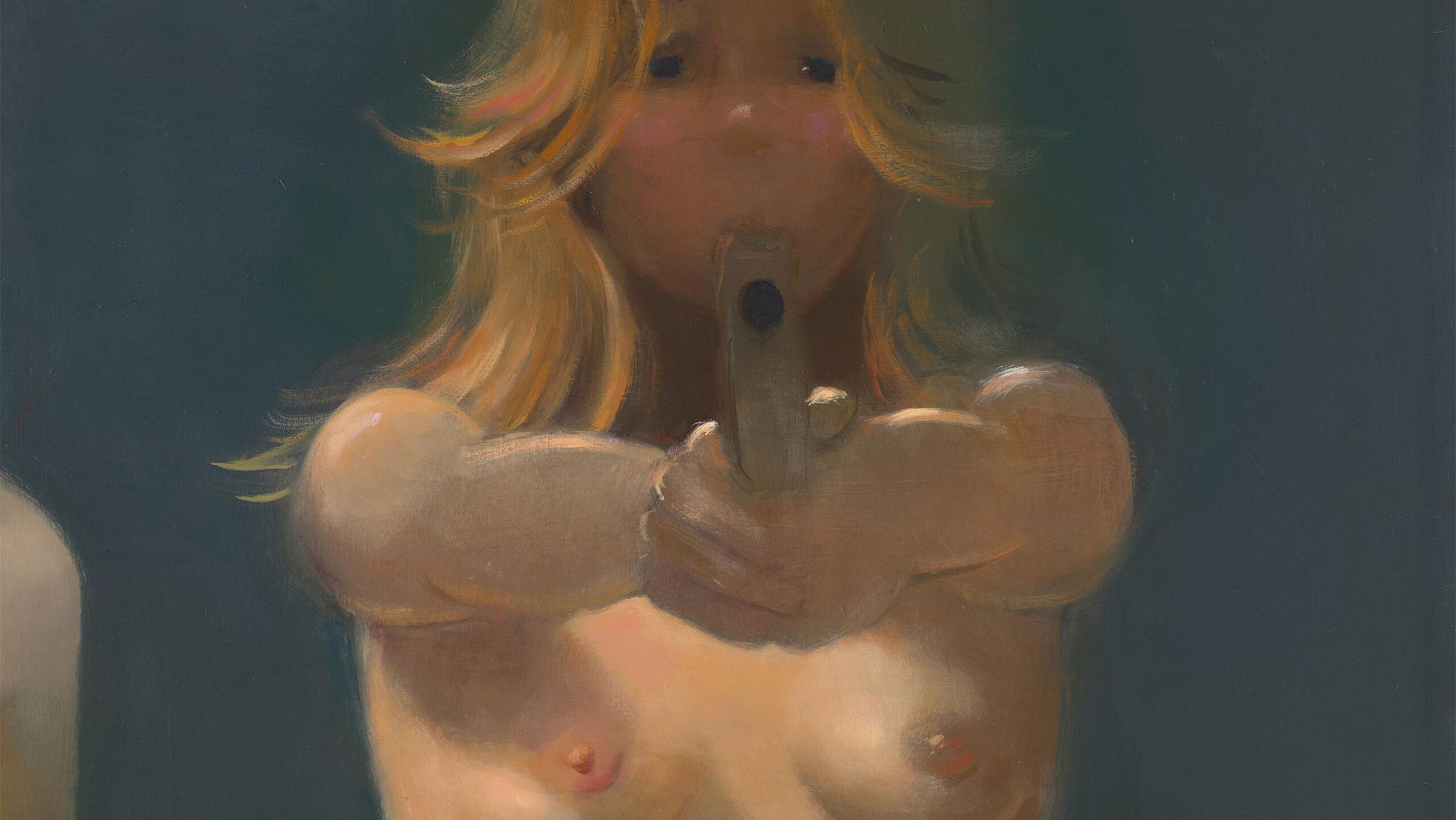 A detail of Lisa Yuskavage Scissor Sisters, 2020, oil on linen