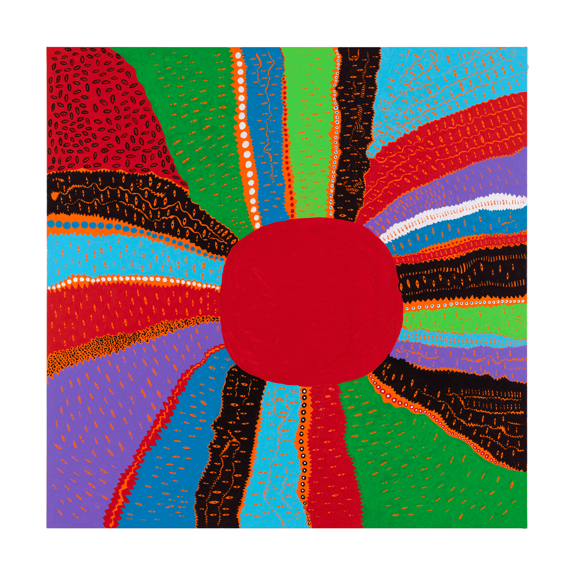 A painting by Yayoi Kusama, titled THE DAY MY BODY LEAVES LIFE, THE MOON SHALL STOP IT'S GLORY, dated 2017.
