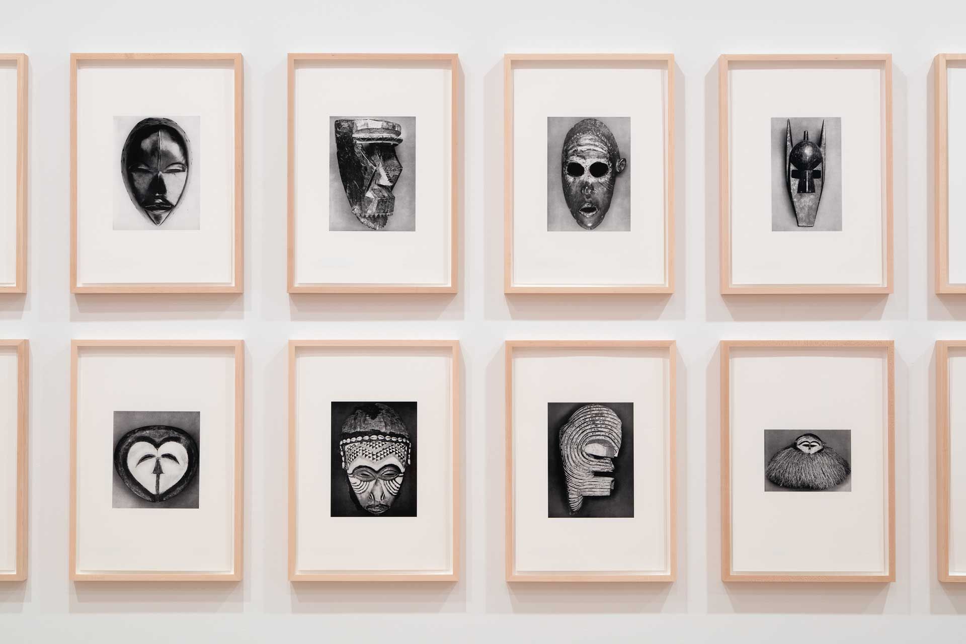 A detail of a work by Sherrie Levine titled African Masks After Walker Evans: 1–24, made of twenty-four glicée inkjet prints, dated 2014.