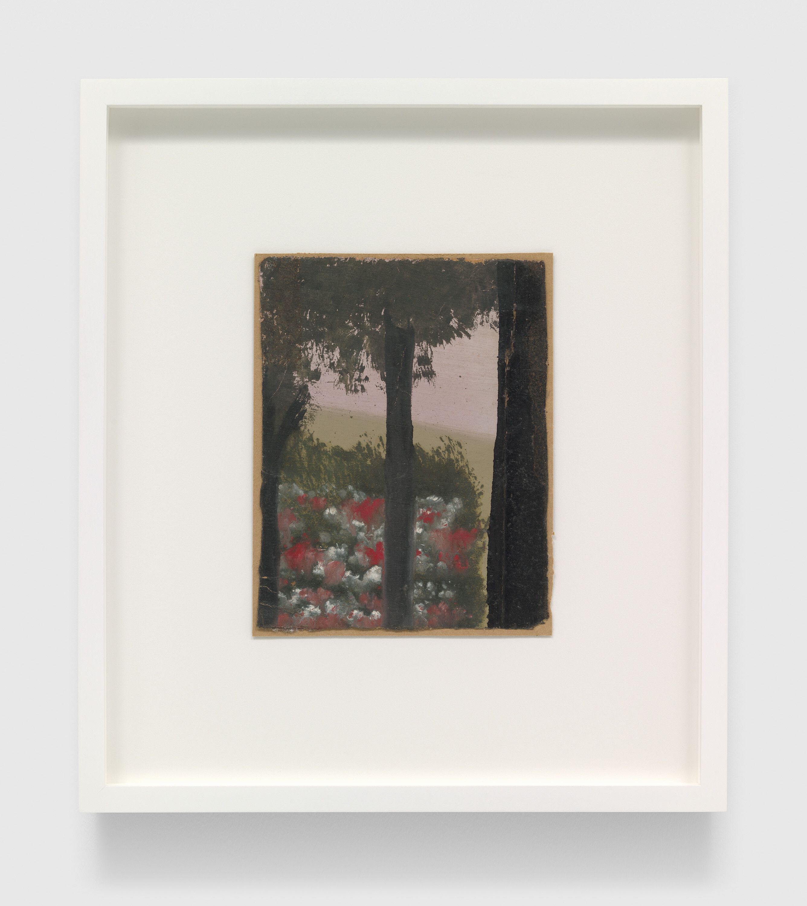 A painting by Frank Walter, called Untitled (Three Black Trunks, Lavender Sky), n.d.
