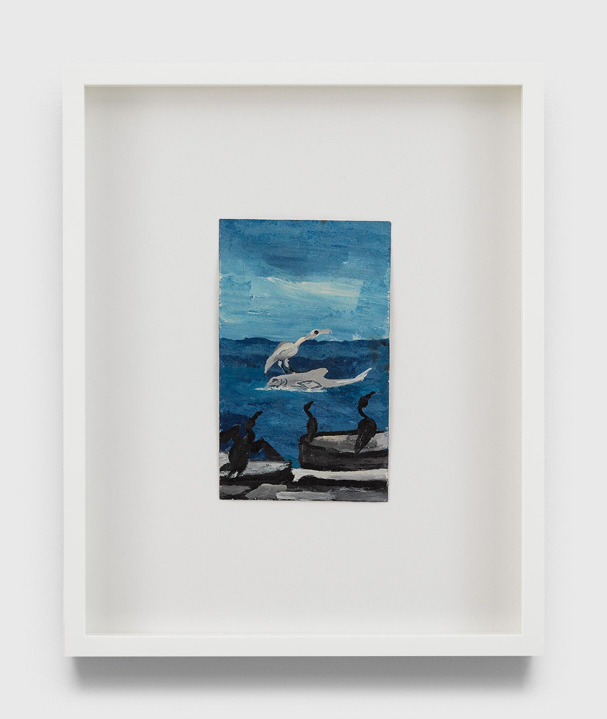 An oil painting on cardstock by Frank Walter, titled Untitled (black birds in foreground with white bird on a shark).