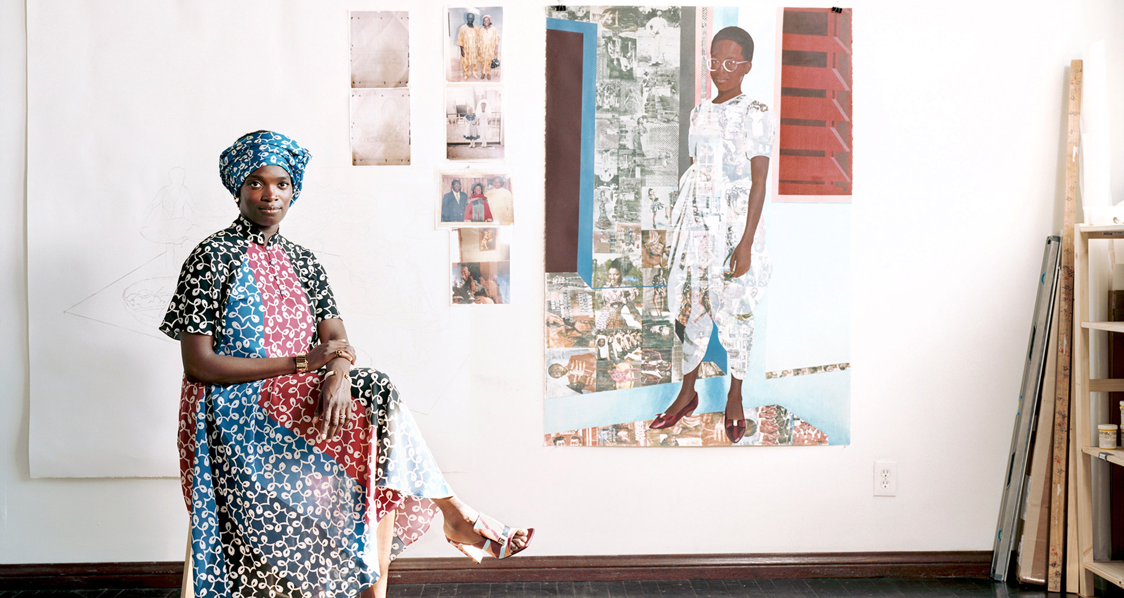 A photo of Njideka Akunyili Crosby in her studio, dated 2017. Photo by Stefan Ruiz.