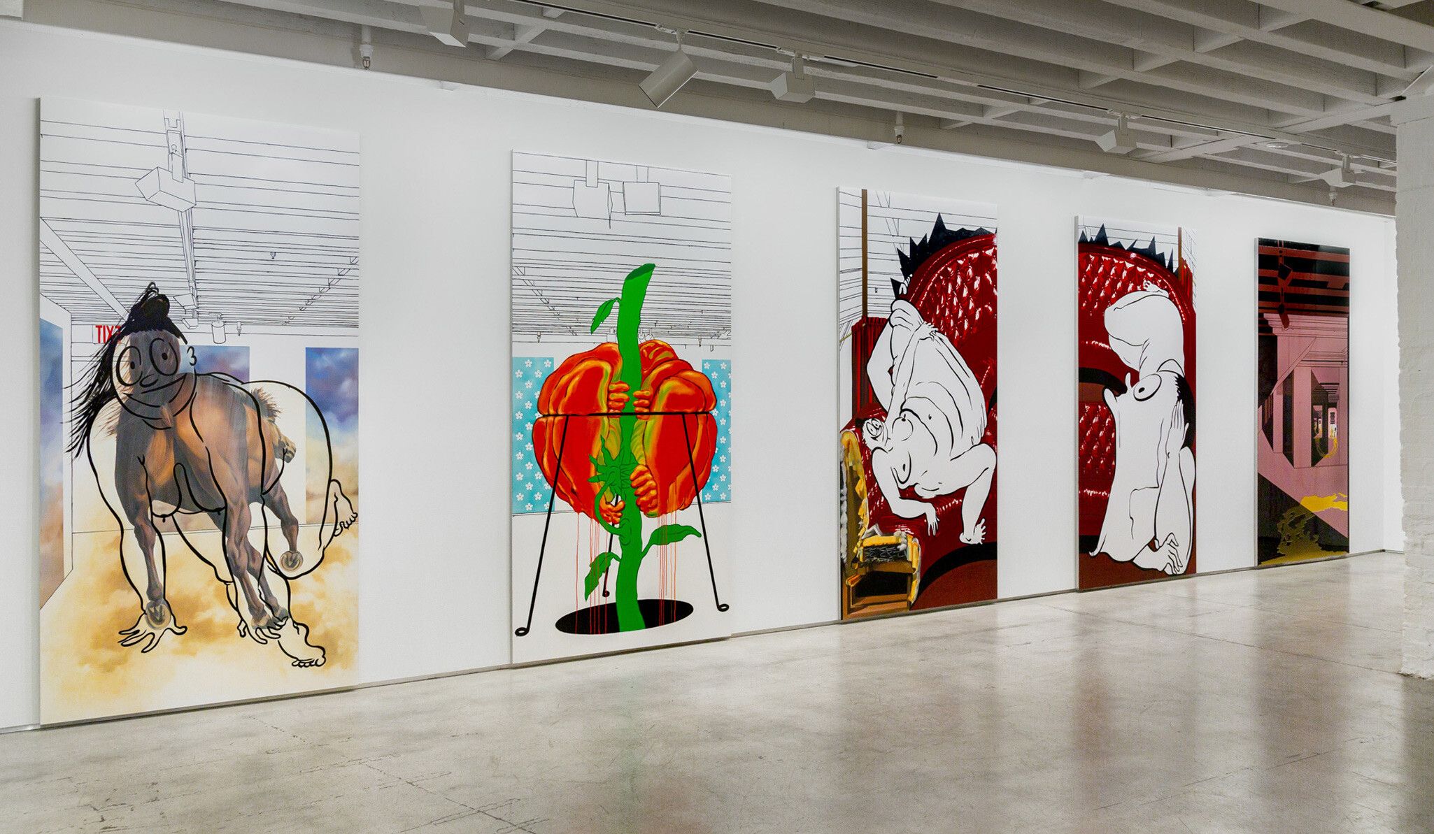 Installation view of the exhibition Ebecho Muslimova: Scenes in the Sublevel, at The Drawing Center, New York. February 5 - May 23, 2021.