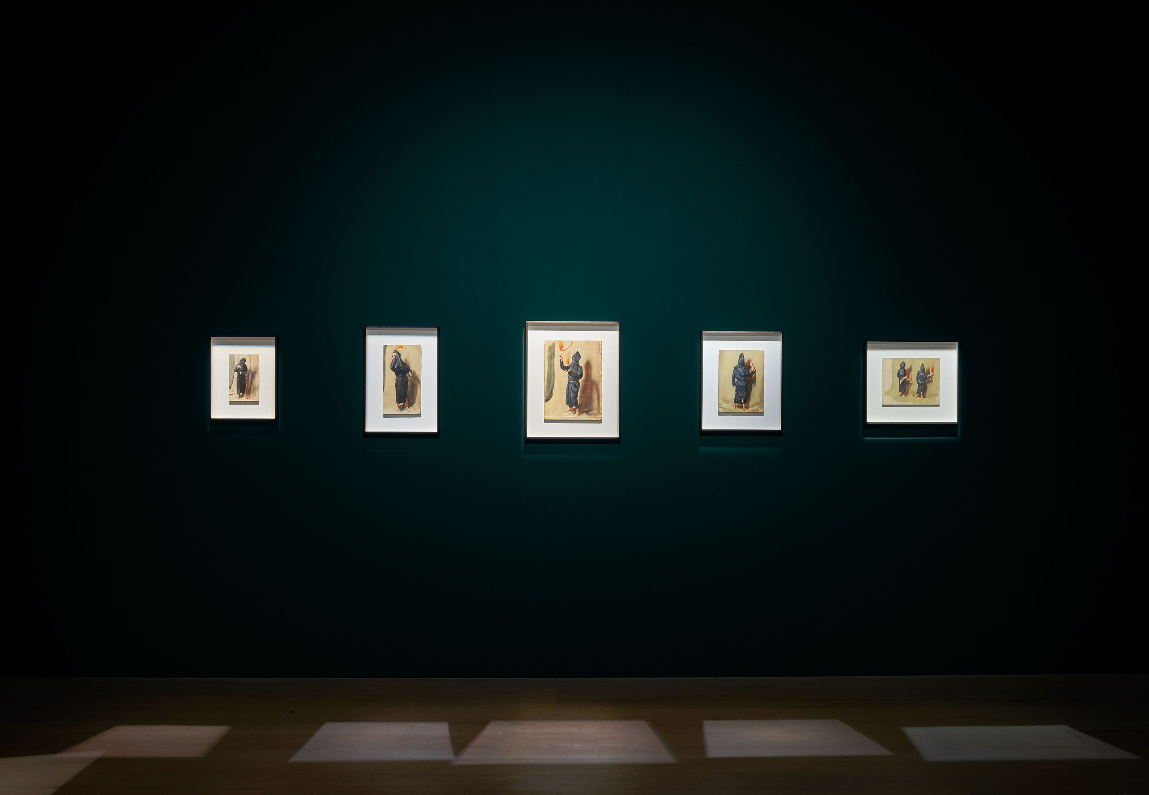 Installation view of the exhibition Michaël Borremans: Black Mould, at David Zwirner in London, dated 2015.