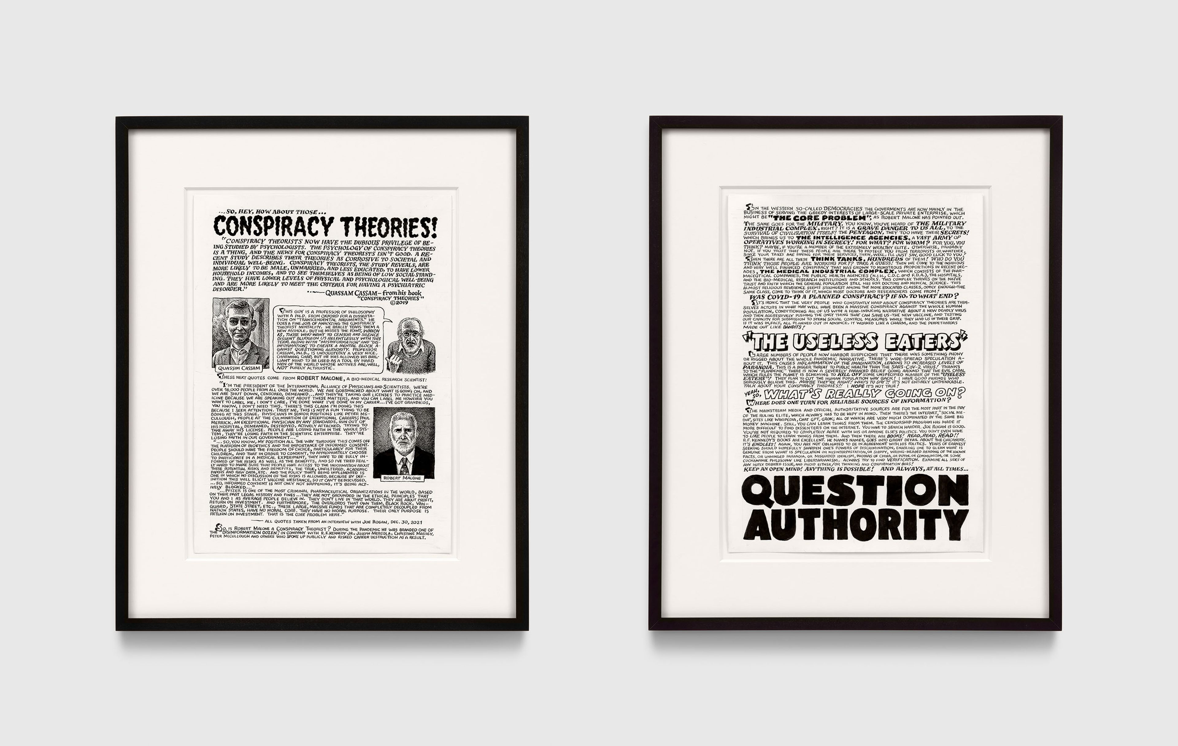 A 2-part work on paper by R. Crumb, titled Conspiracy Theories!, dated 2025.