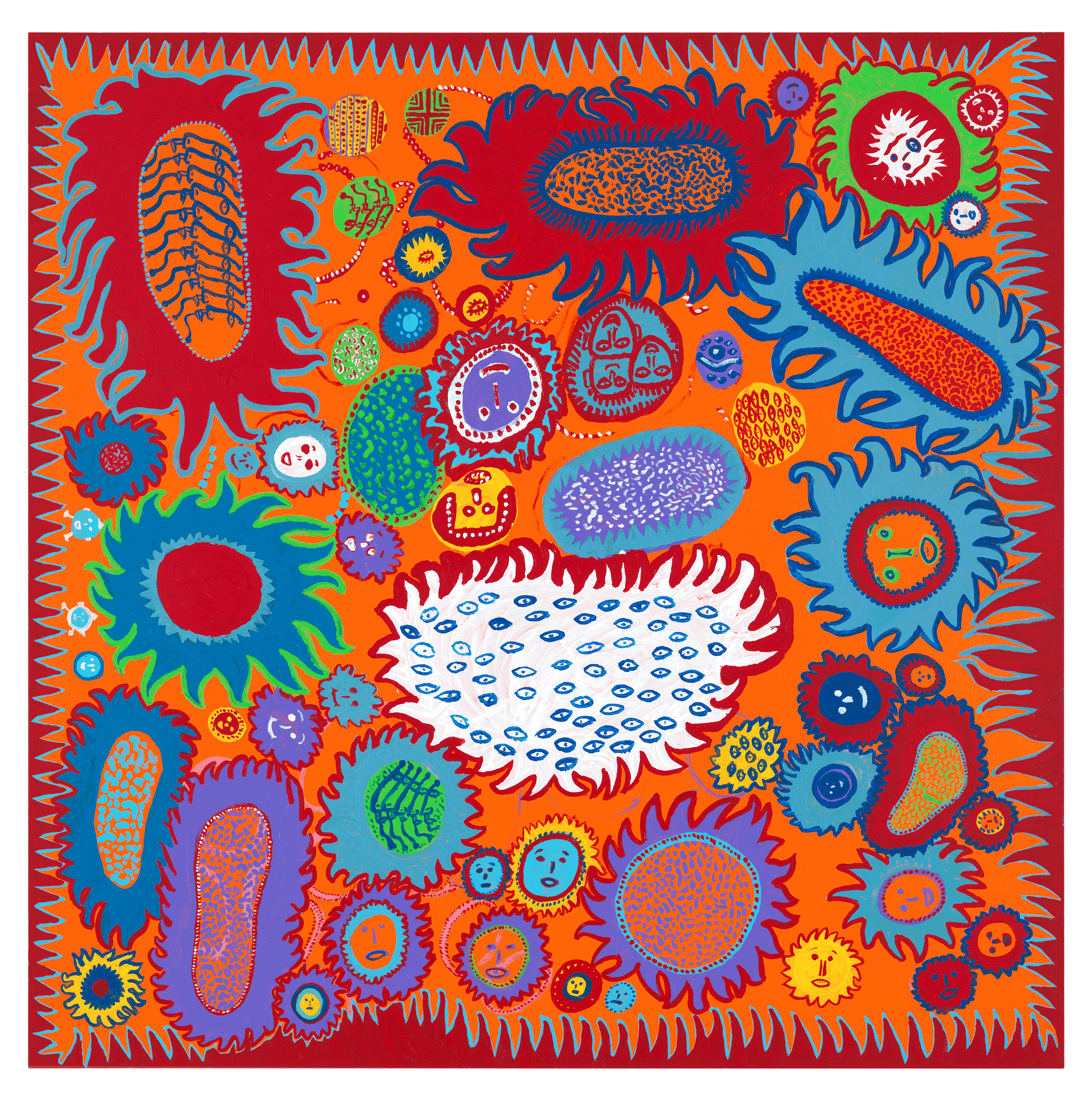 A painting by Yayoi Kusama, titled EVERYTHING ABOUT MY LOVE‚Äã, dated 2013. 