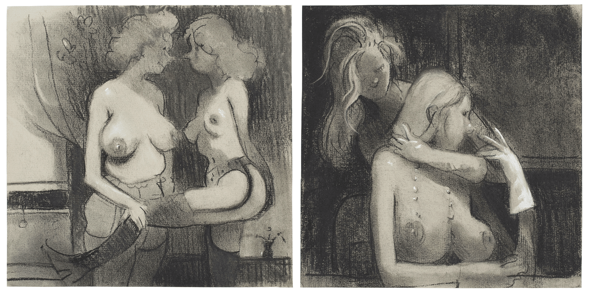 A drawing by Lisa Yuskavage, titled Three Gloves / One Girl Holding Another Girl's Leg, dated 2006.