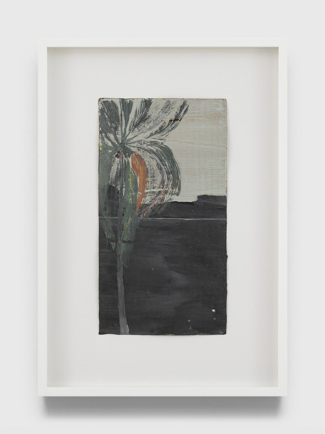 An undated oil painting on cardboard by Frank Walter, titled Untitled (Single palm with black mountains and ocean behind).