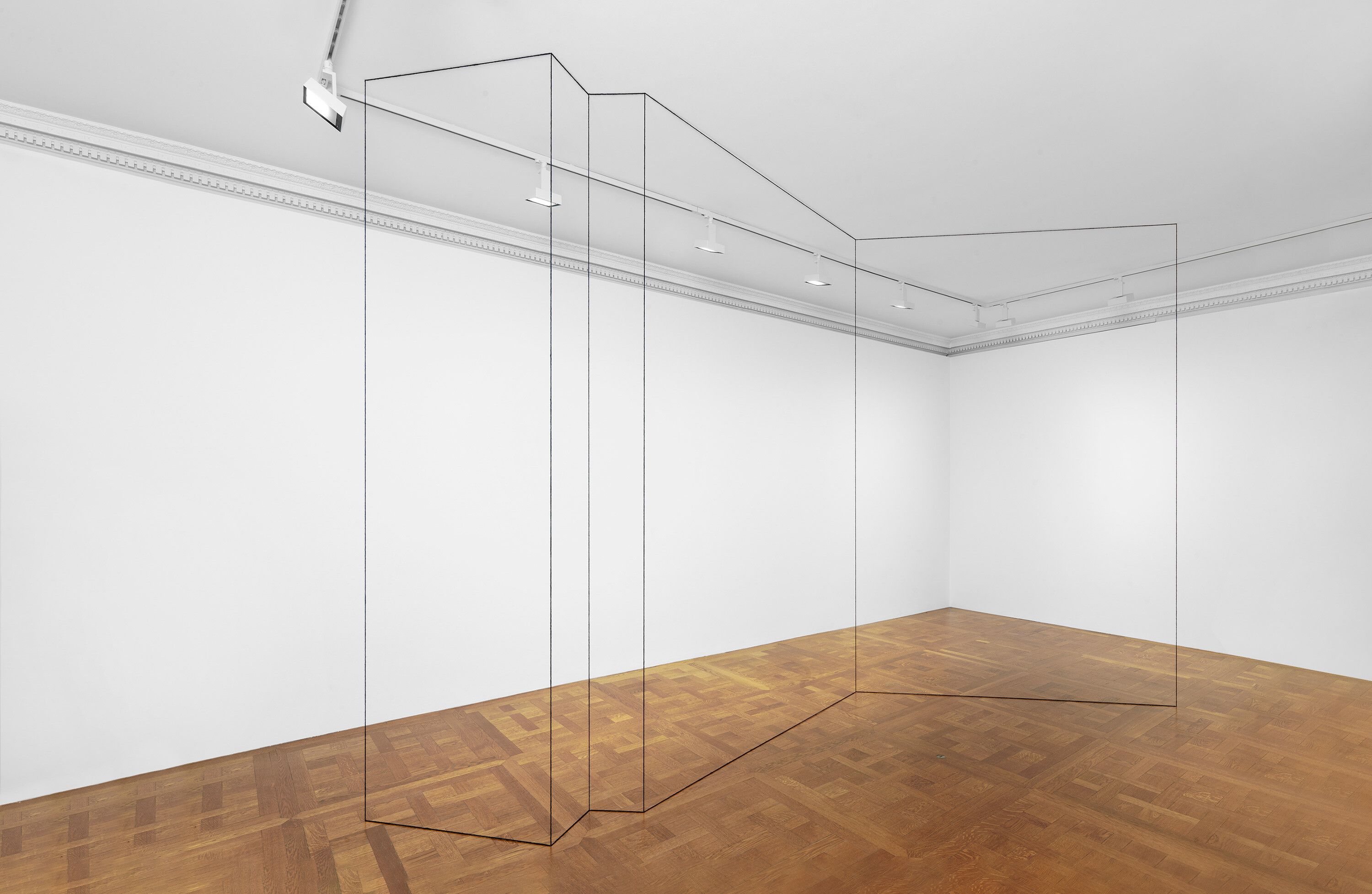 A black acrylic yarn artwork by Fred Sandback, titled Untitled (Sculptural Study, Points Determining a Random Folding of an Imaginary Plane), circa 1977 and 2022.