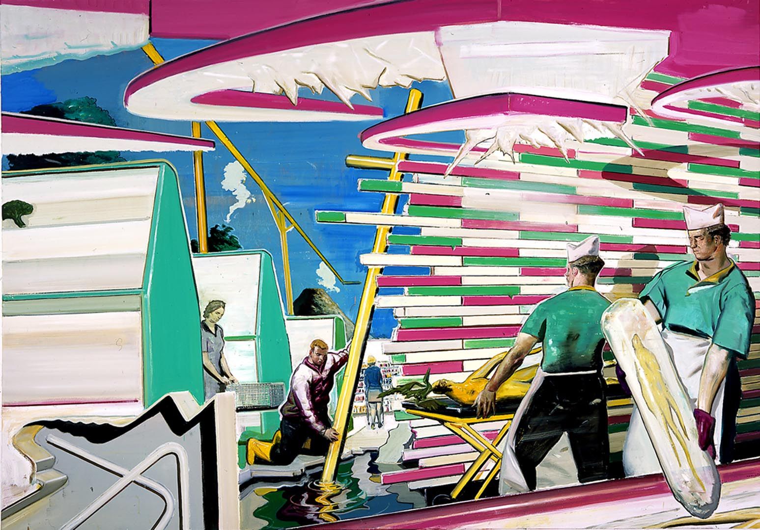 A painting by Neo Rauch, titled Kühlraum, dated 2002.