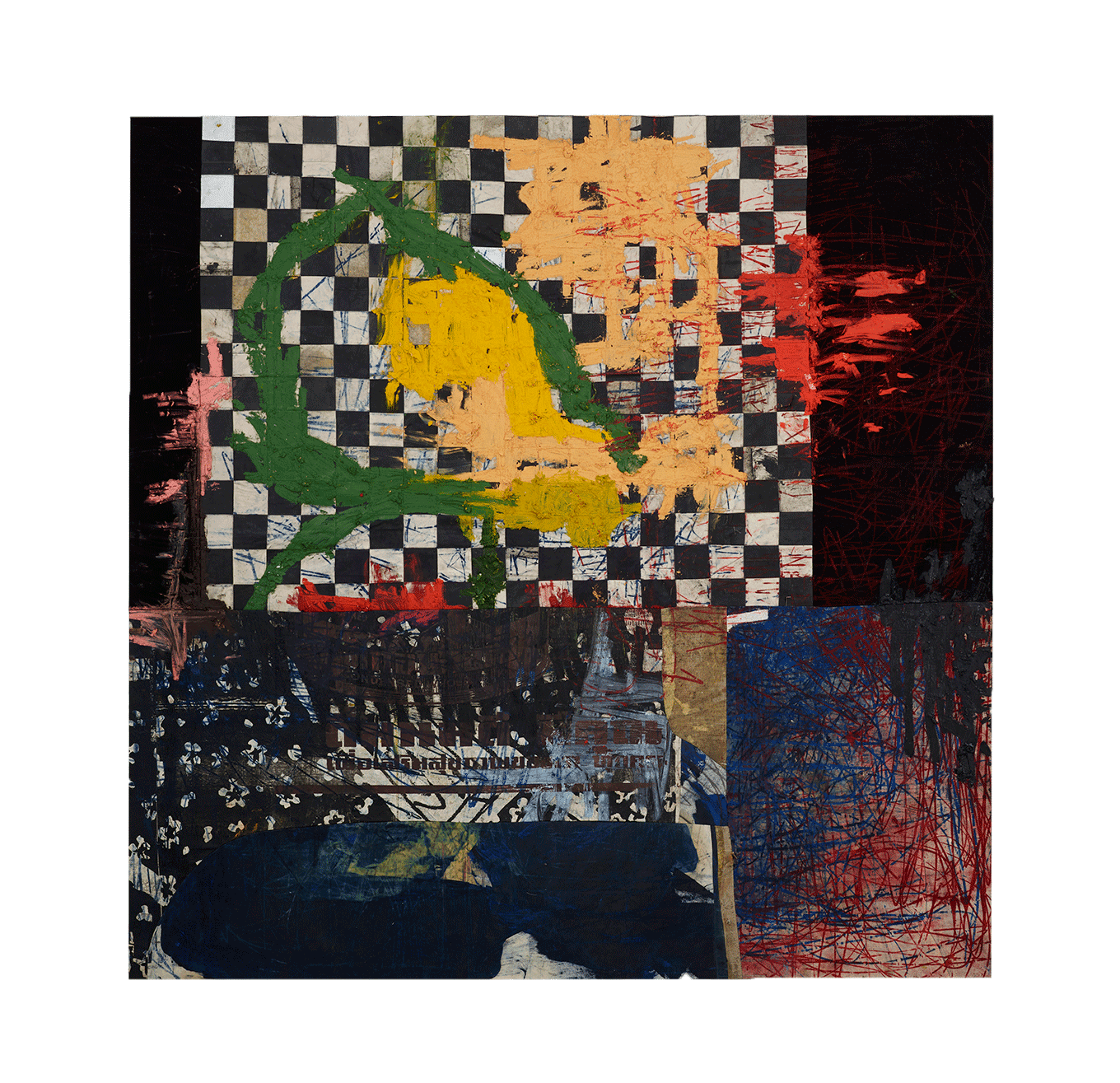 A painting by Oscar Murillo, titled the build-up of content and information, dated 2016 to 2018.