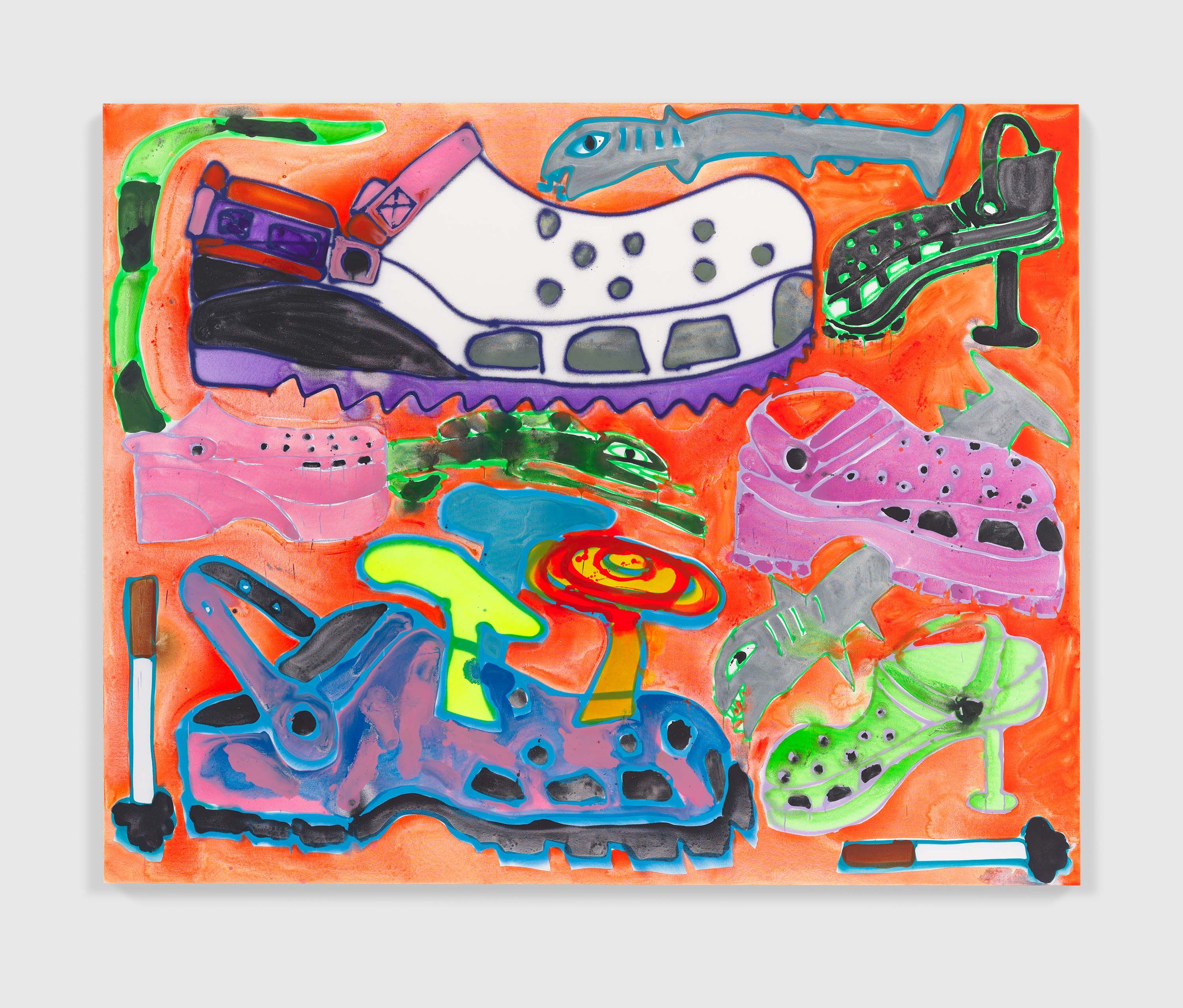An acrylic and spray paint on canvas artwork by Katherine Bernhardt, titled Crocs Sampler Sharks Iguana, dated 2021.