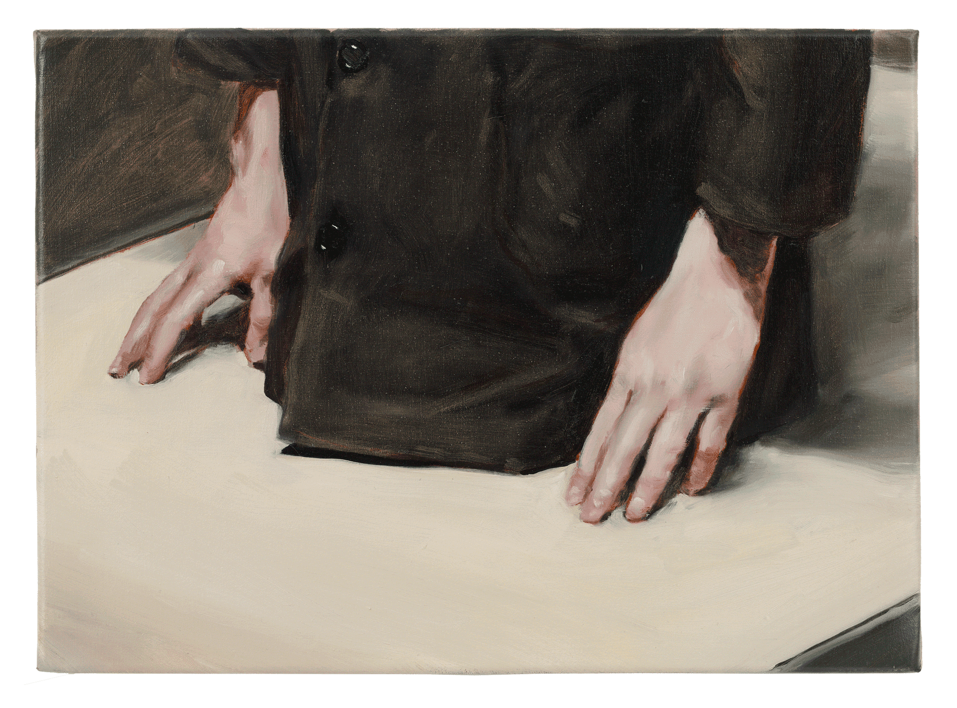 A painting by Michael Borremans, titled The Apron, dated 2009.