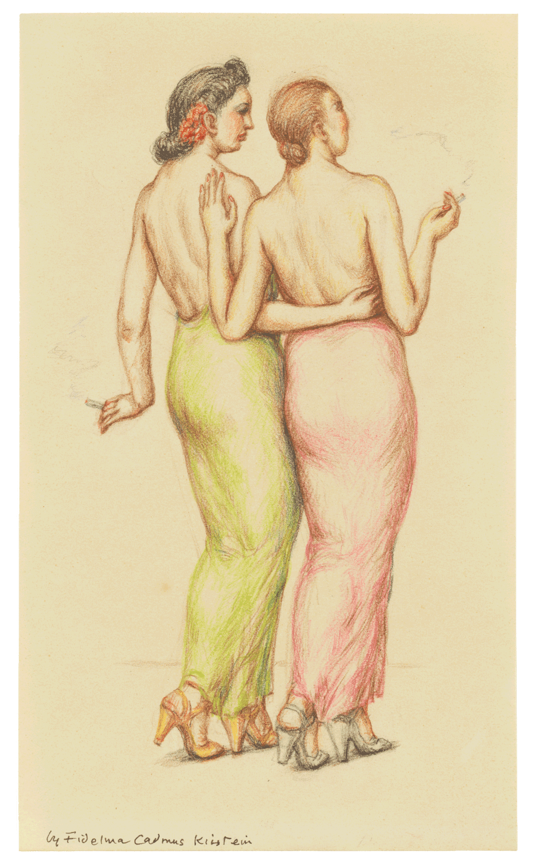 A colored pencil drawing on paper by Fidelma Cadmus, titled Two Women, circa 1930 to 1939.