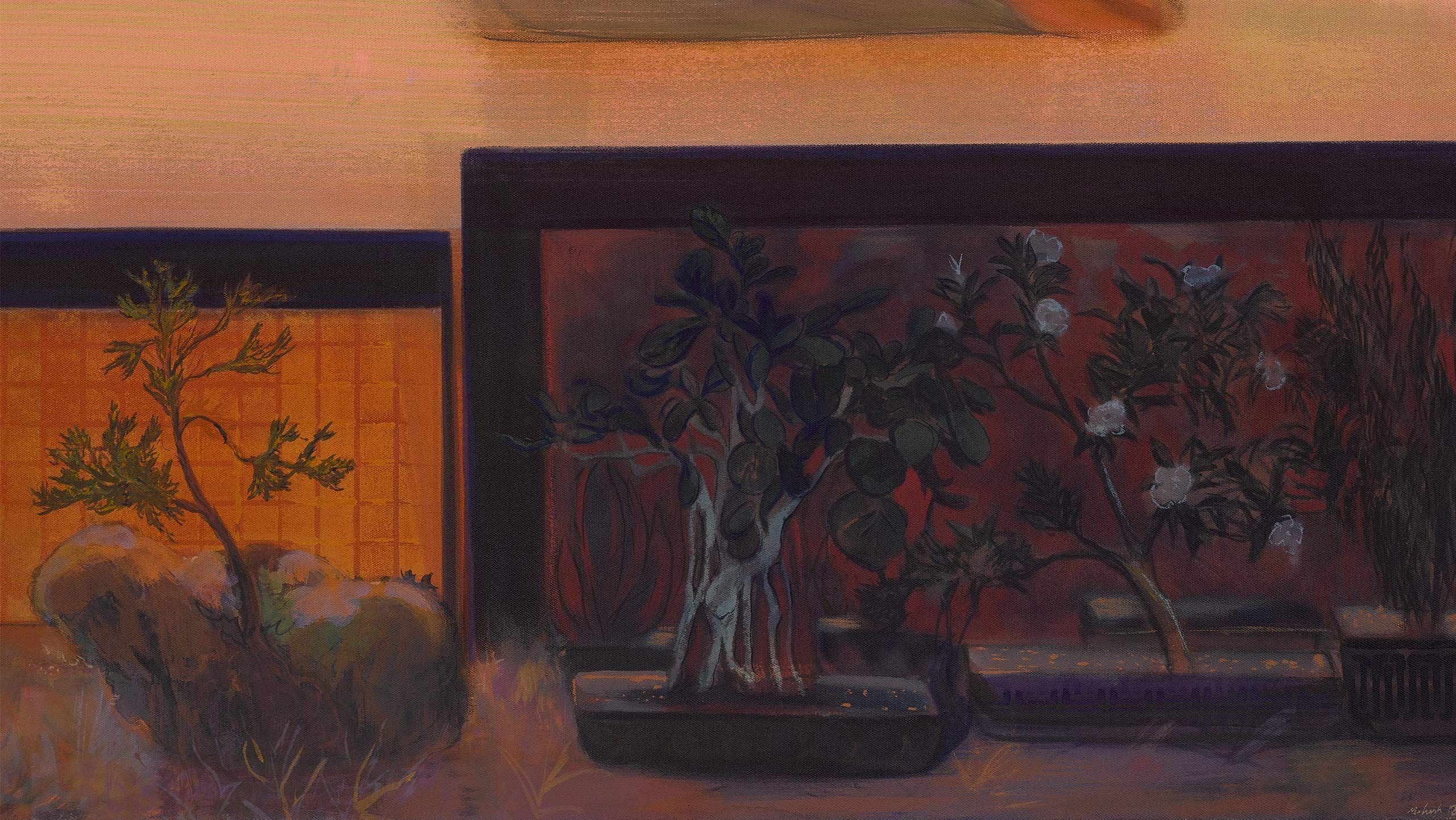 A detail from a painting by Mahesh Baliga, titled Trees Whisper to each other whether we want roots, dated 2022.