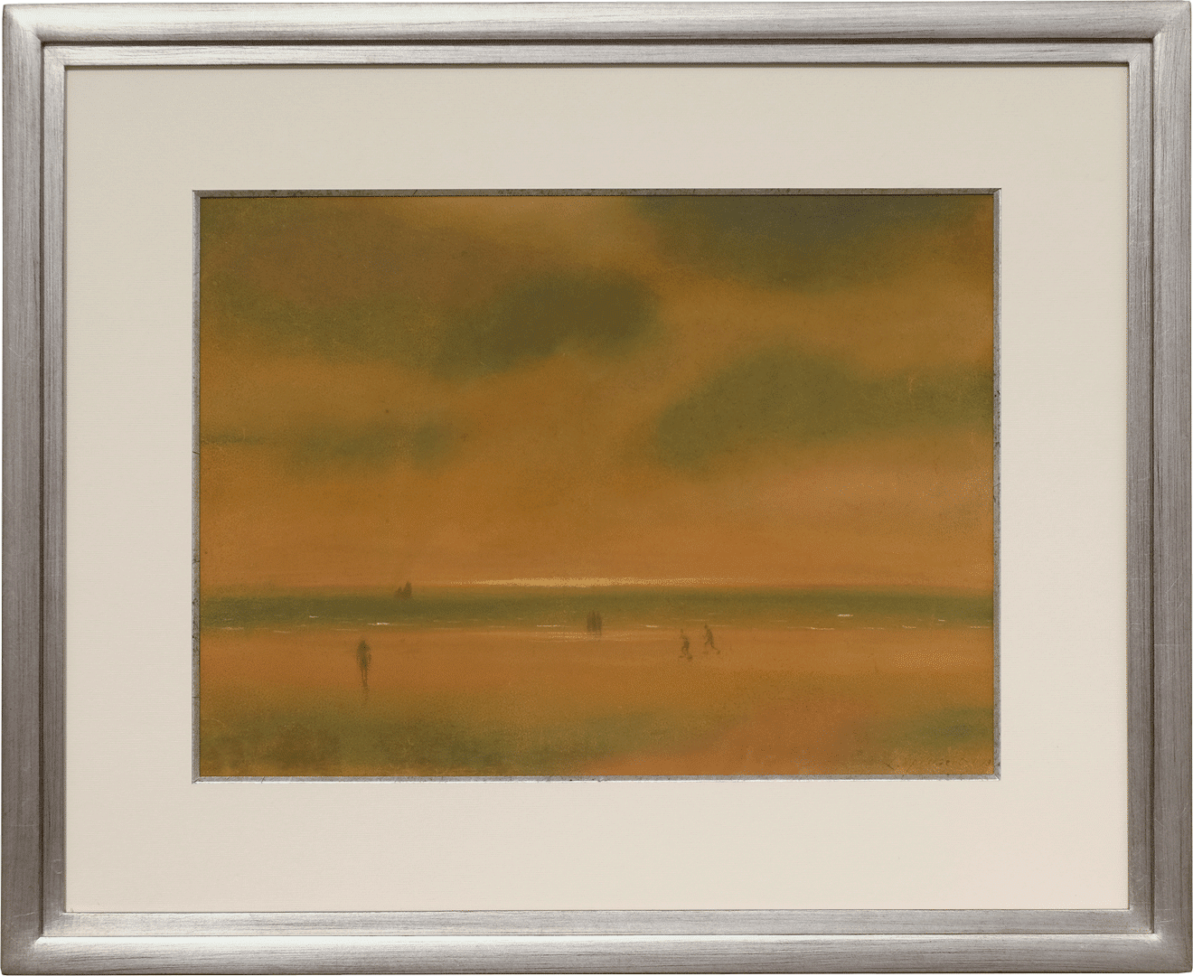 A pastel drawing on paper by Léon Spilliaert, titled, Marine met strand en wandelaars, dated 1913.