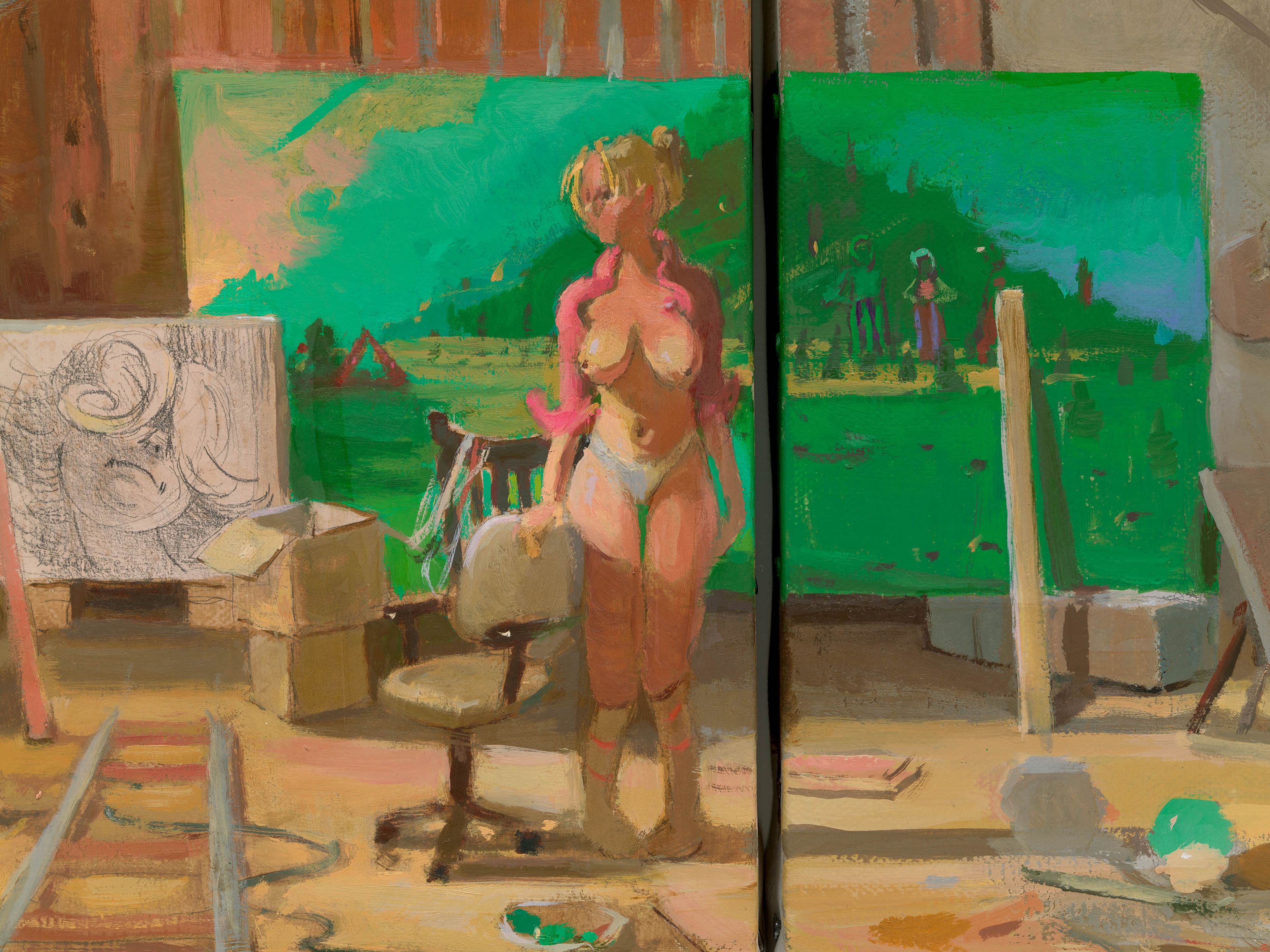 A detail from a painting by Lisa Yuskavage, titled Studio Visit, dated 2022.