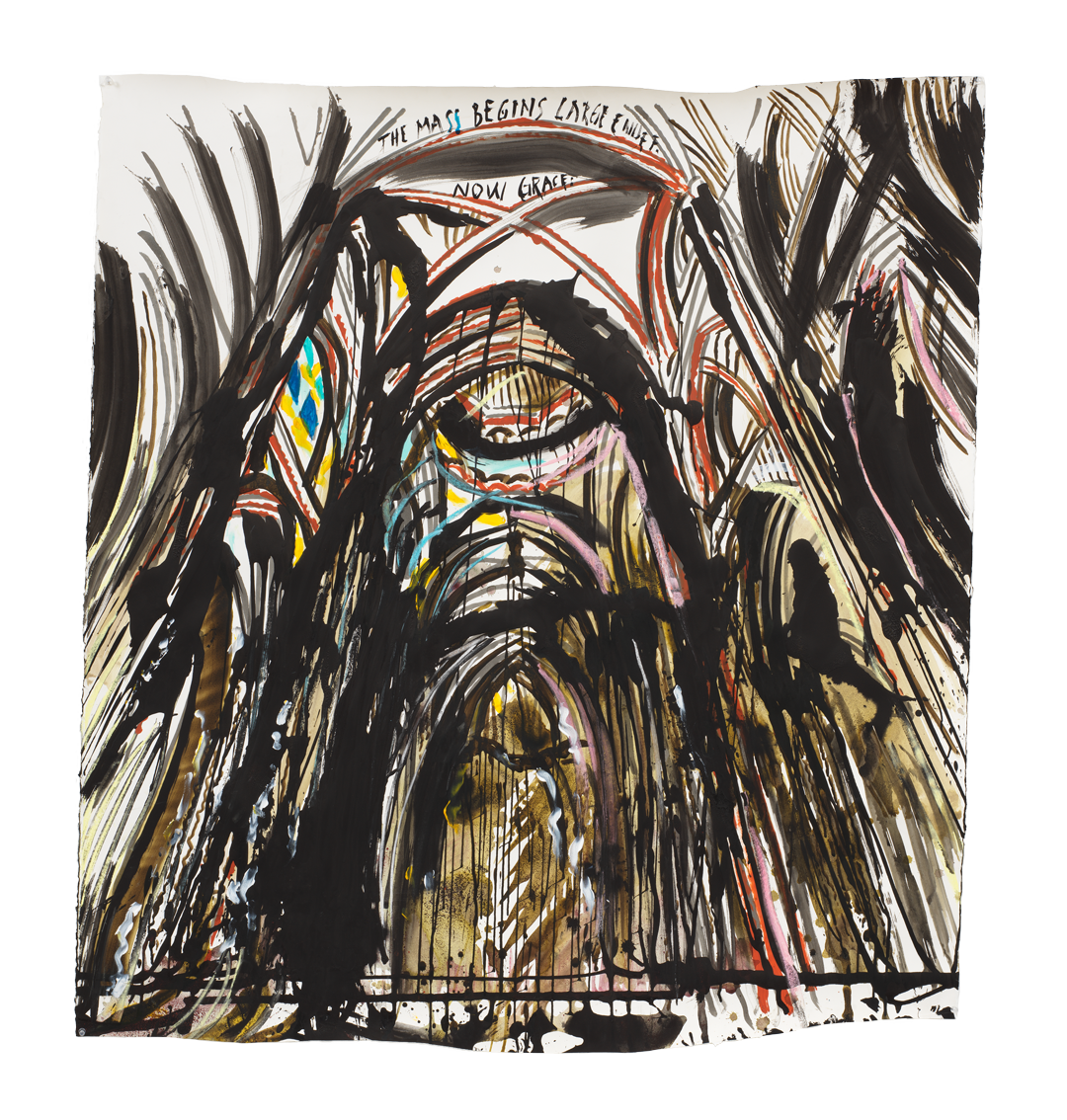 A drawing by Raymond Pettibon titled No Title (The mass begins...) dated 2018.