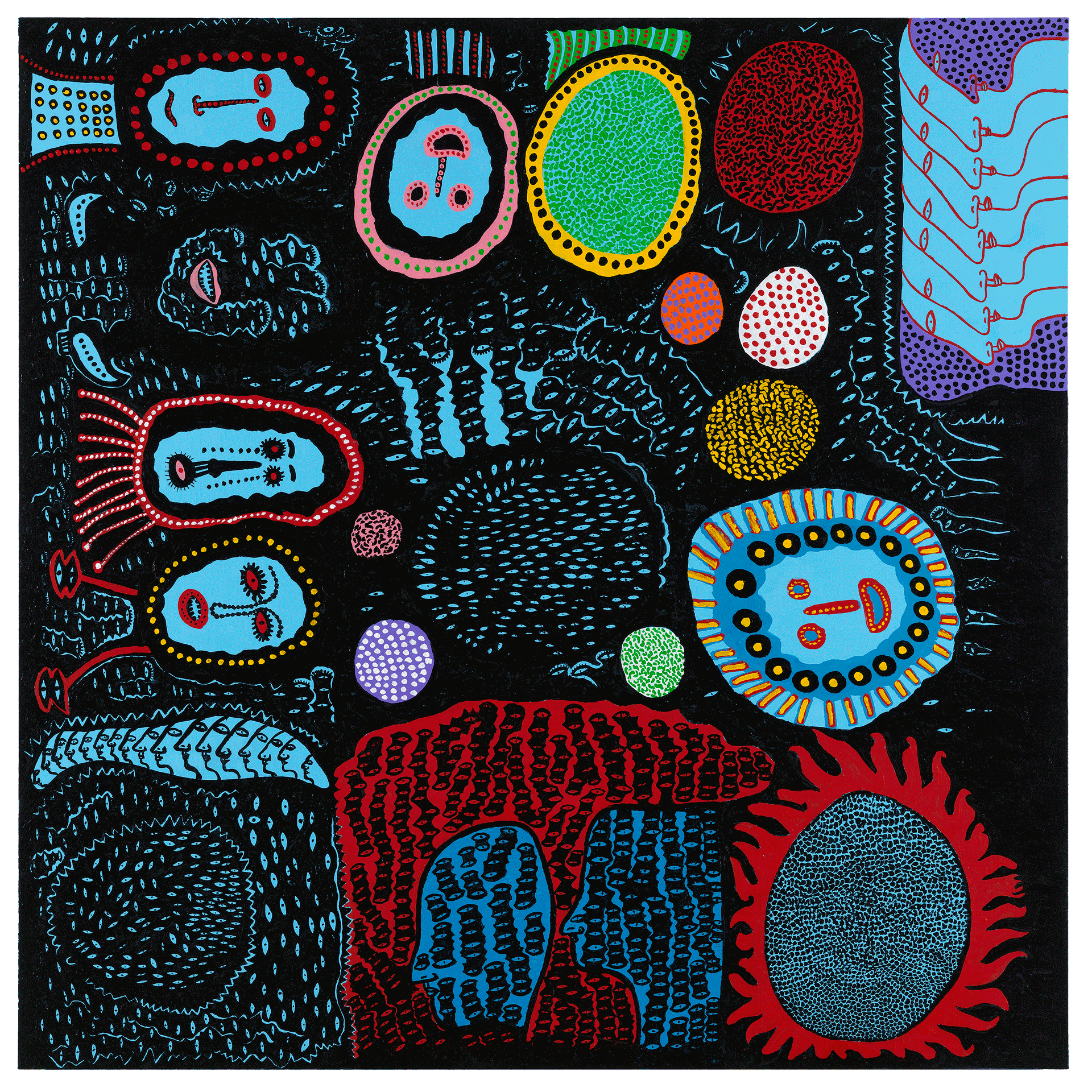 A painting by Yayoi Kusama, titled The Earth Goes Around Like This Again Today, dated 2016.