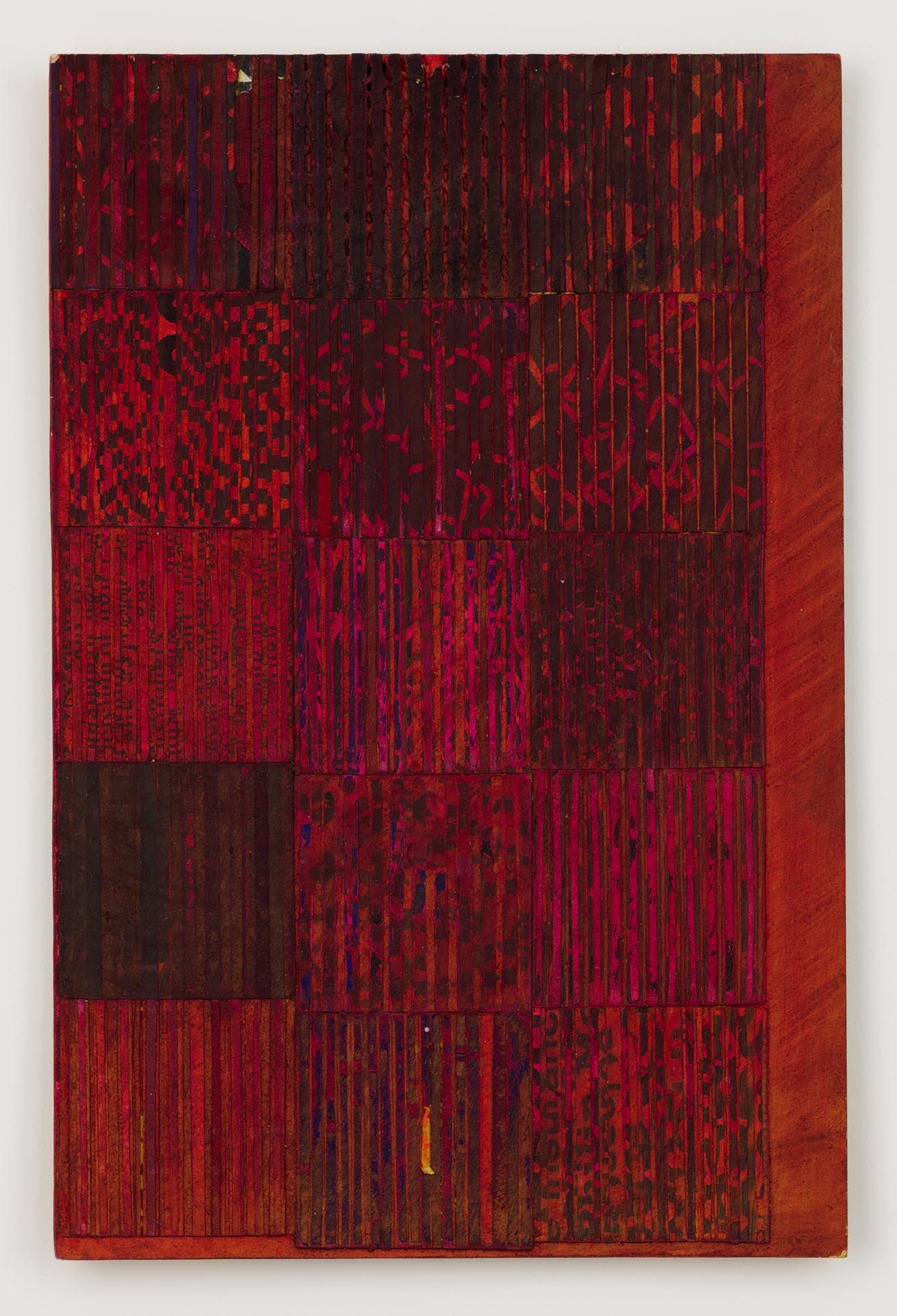 A drawing by Ray Johnson, titled Untitled (Magenta Cut Paper Moticos), dated 1958 to 1960.